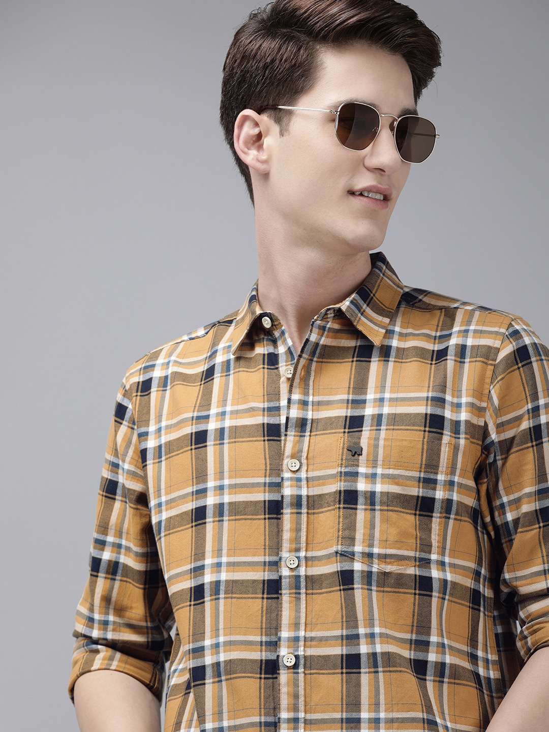 

THE BEAR HOUSE Men Mustard Yellow & Black Cotton Slim Fit Tartan Checked Casual Shirt