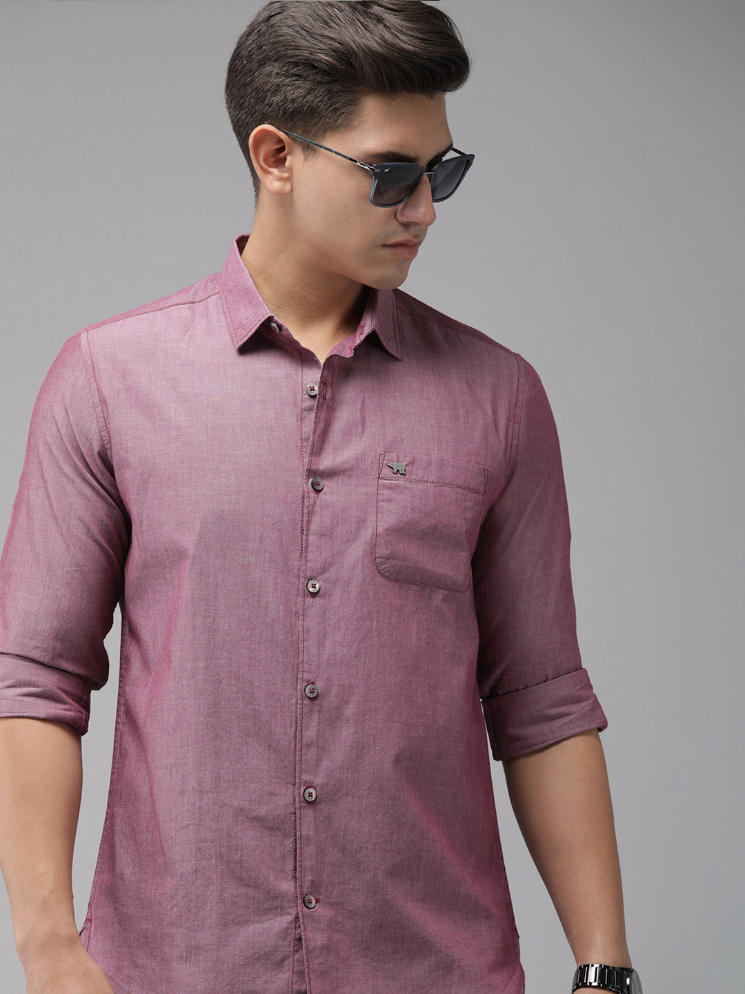 

THE BEAR HOUSE Men Maroon Solid Cotton Slim Fit Striped Casual Shirt