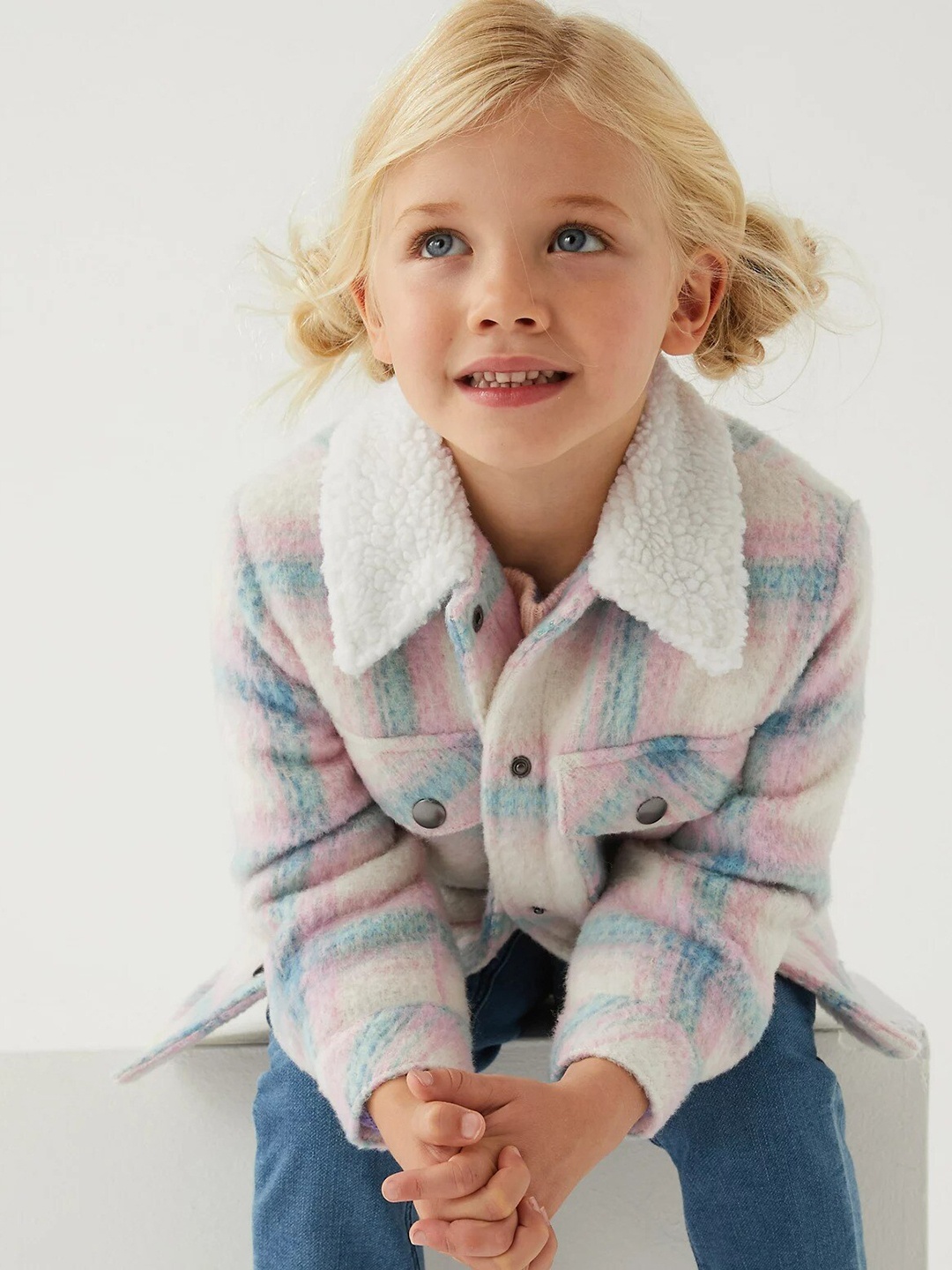 

Marks & Spencer Girls Off White Geometric Checked Open Front Sweater