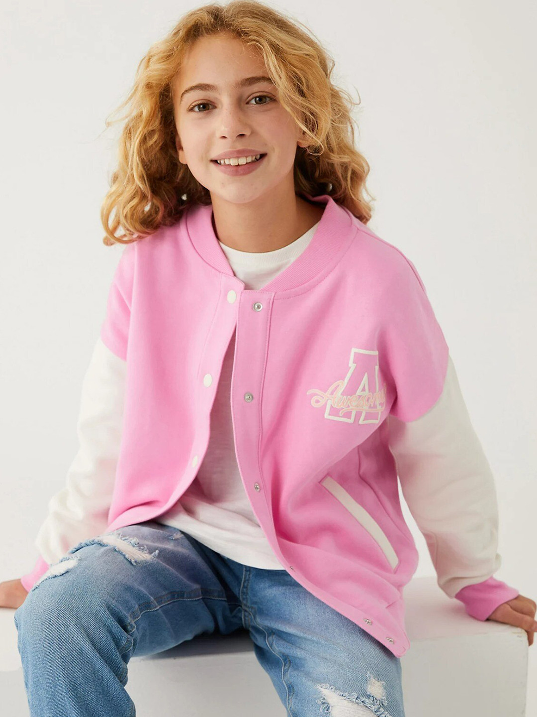 

Marks & Spencer Girls Pink White Colourblocked Lightweight Open Front Jacket