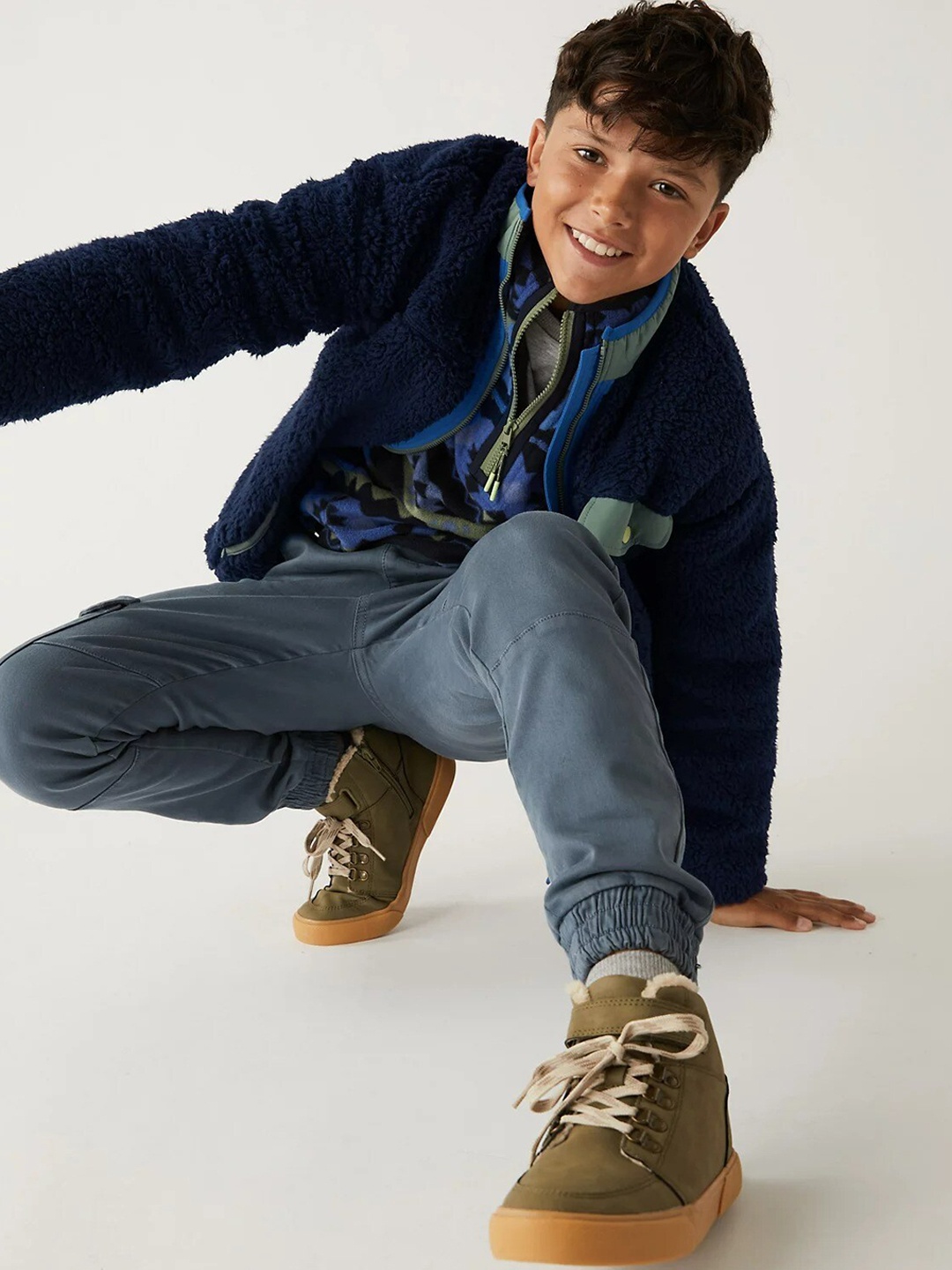 

Marks & Spencer Boys Navy Blue & Green Solid Fleece Bomber Jacket