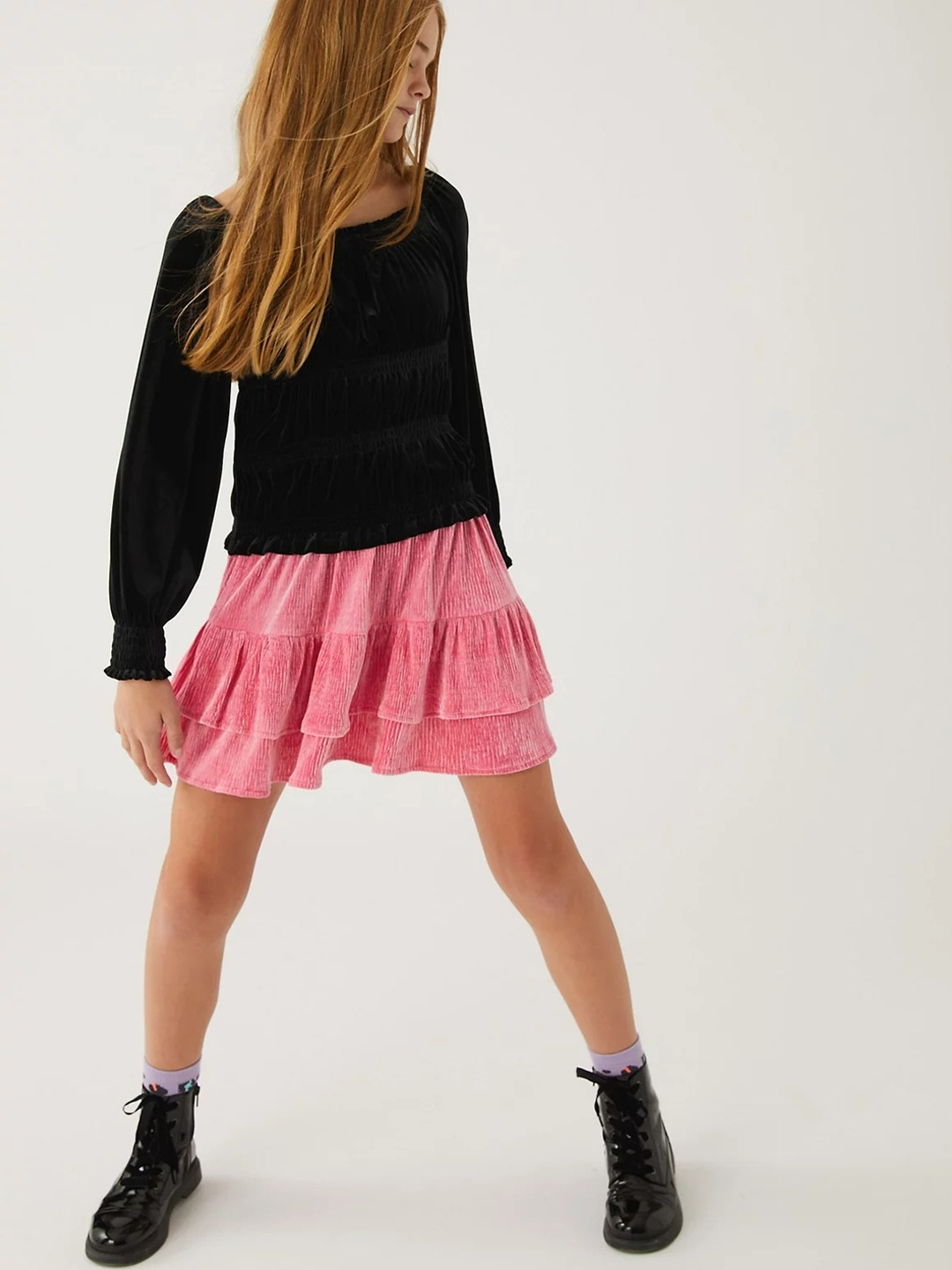 

Marks & Spencer Girls Pink Self Design Layered Velvet Mini Skirt