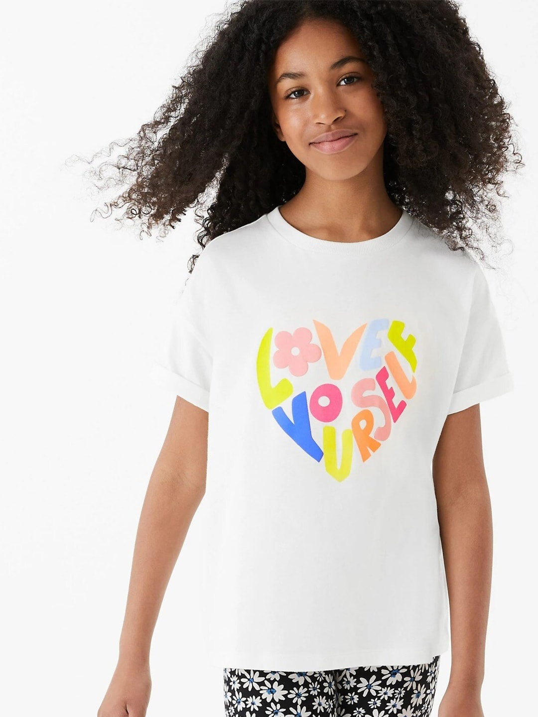 

Marks & Spencer Girls White Typography Printed Pure Cotton T-shirt
