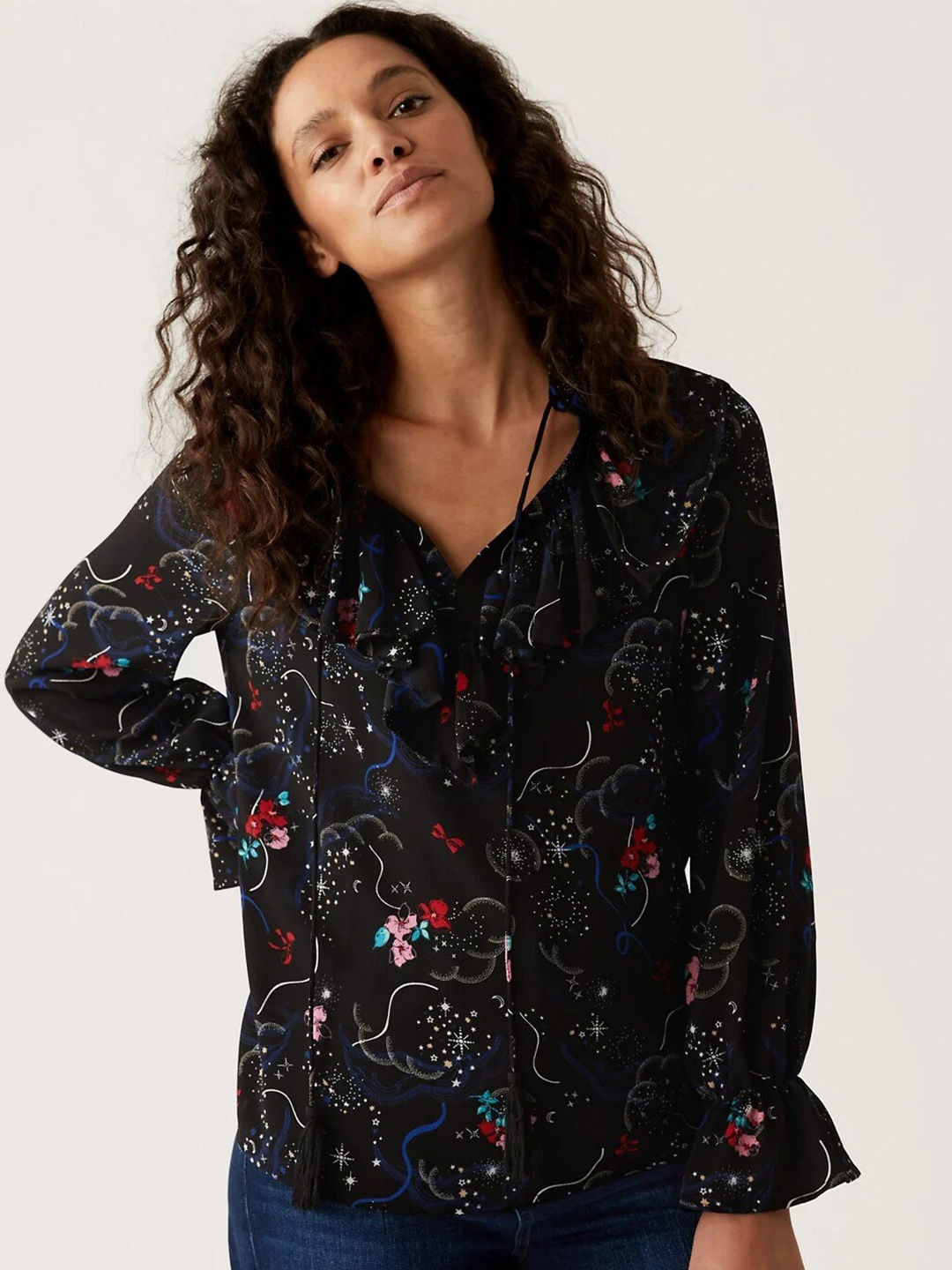 

Marks & Spencer Black Floral Print Net Shirt Tie Ups Style Top
