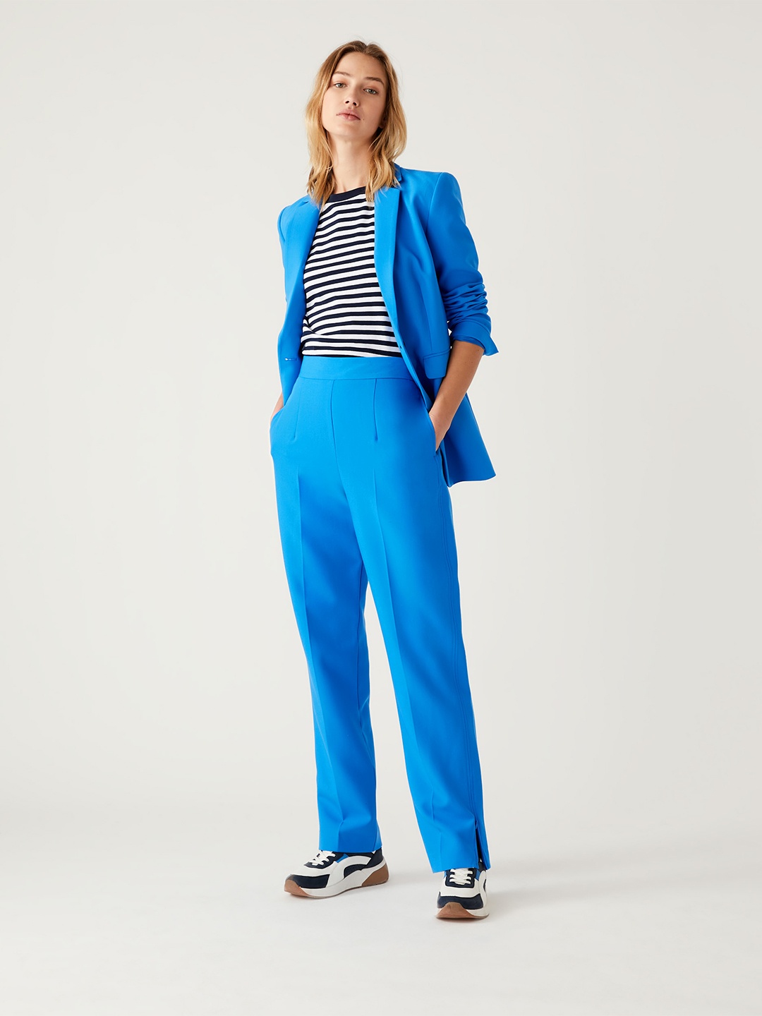 

Marks & Spencer Women Blue Straight Fit High-Rise Trousers