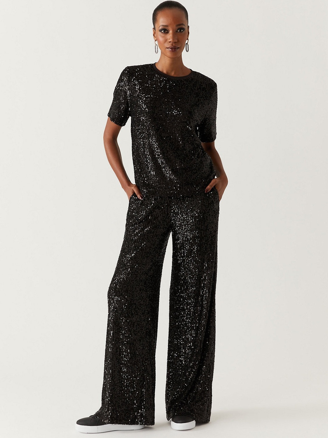 

Marks & Spencer Women Black Embellished High-Rise Trousers