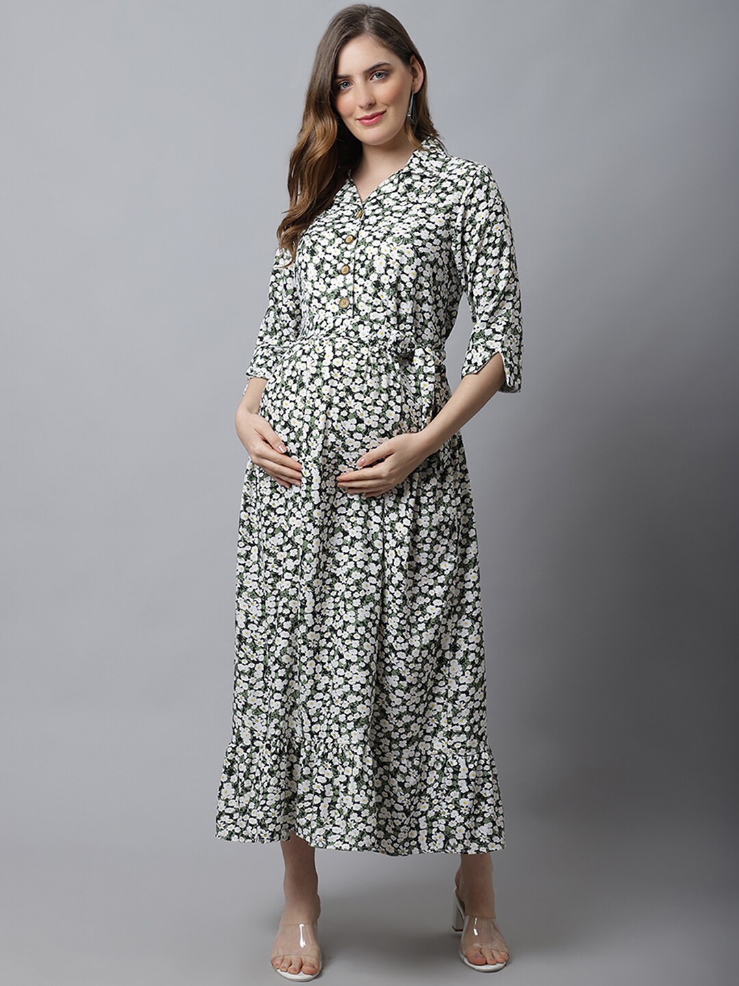 

Frempy Women Black & White Floral Maternity Maxi Dress