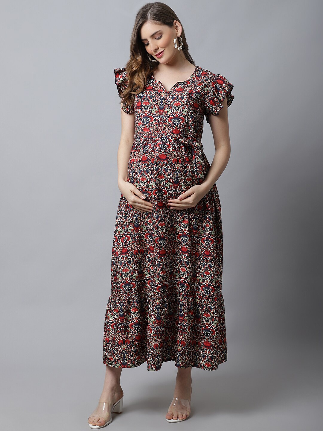 

Frempy Red Floral Printed Crepe Maternity Maxi Dress