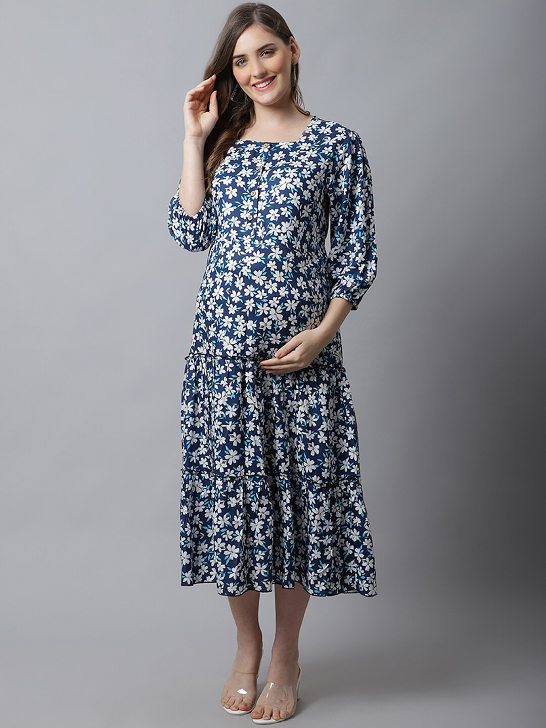 

Frempy Women Blue & White Floral Printed A-Line Maternity Dress