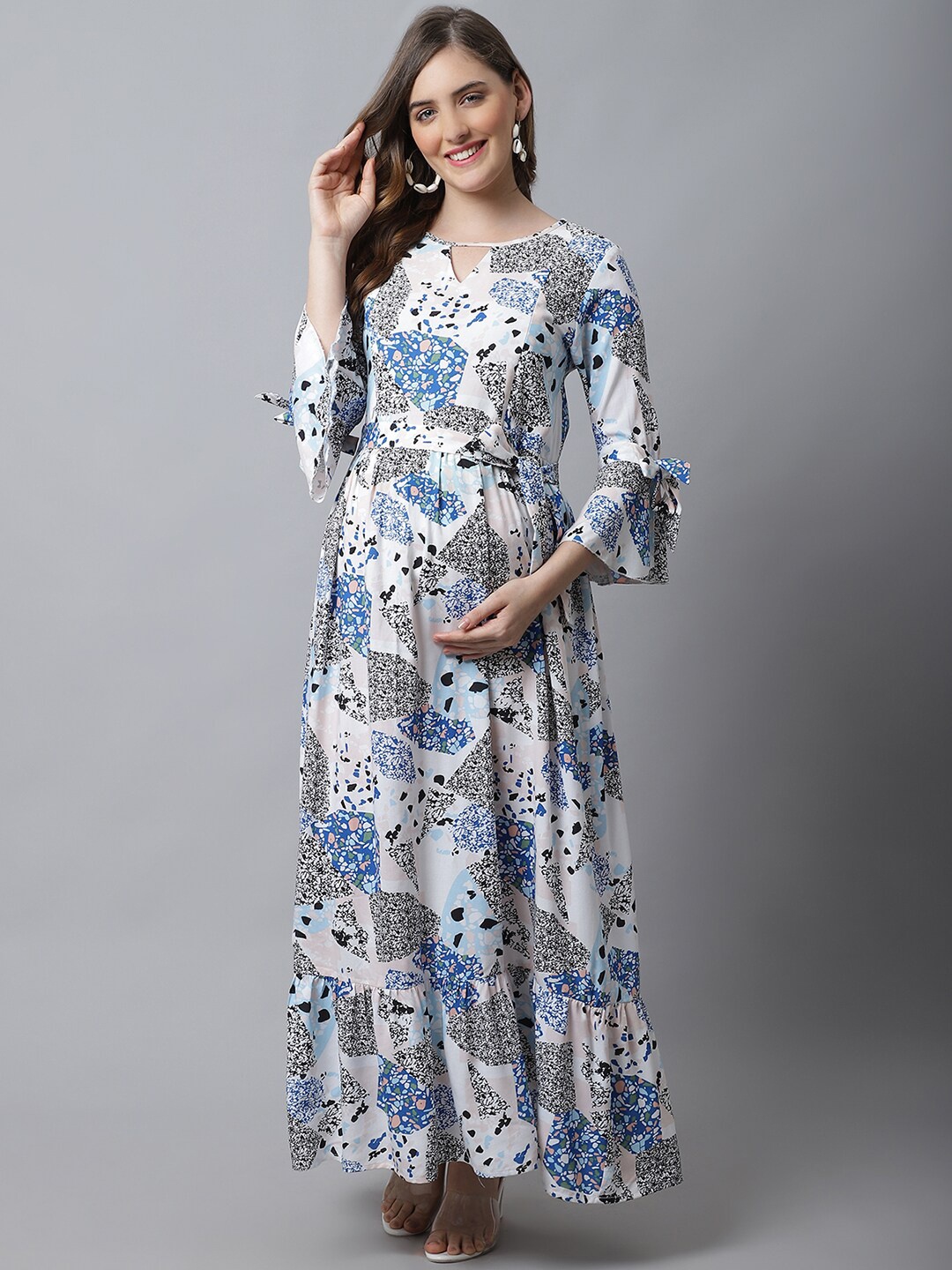 

Frempy Blue & White Printed Floral Maternity Ethnic Maxi Dress