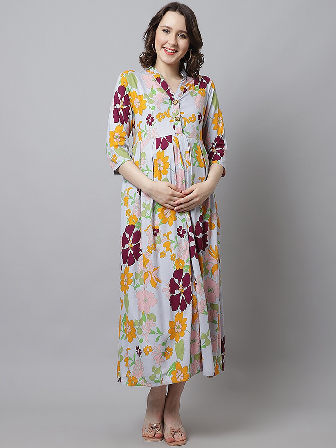 

Frempy Women Grey & Maroon Floral Maternity Empire Midi Dress