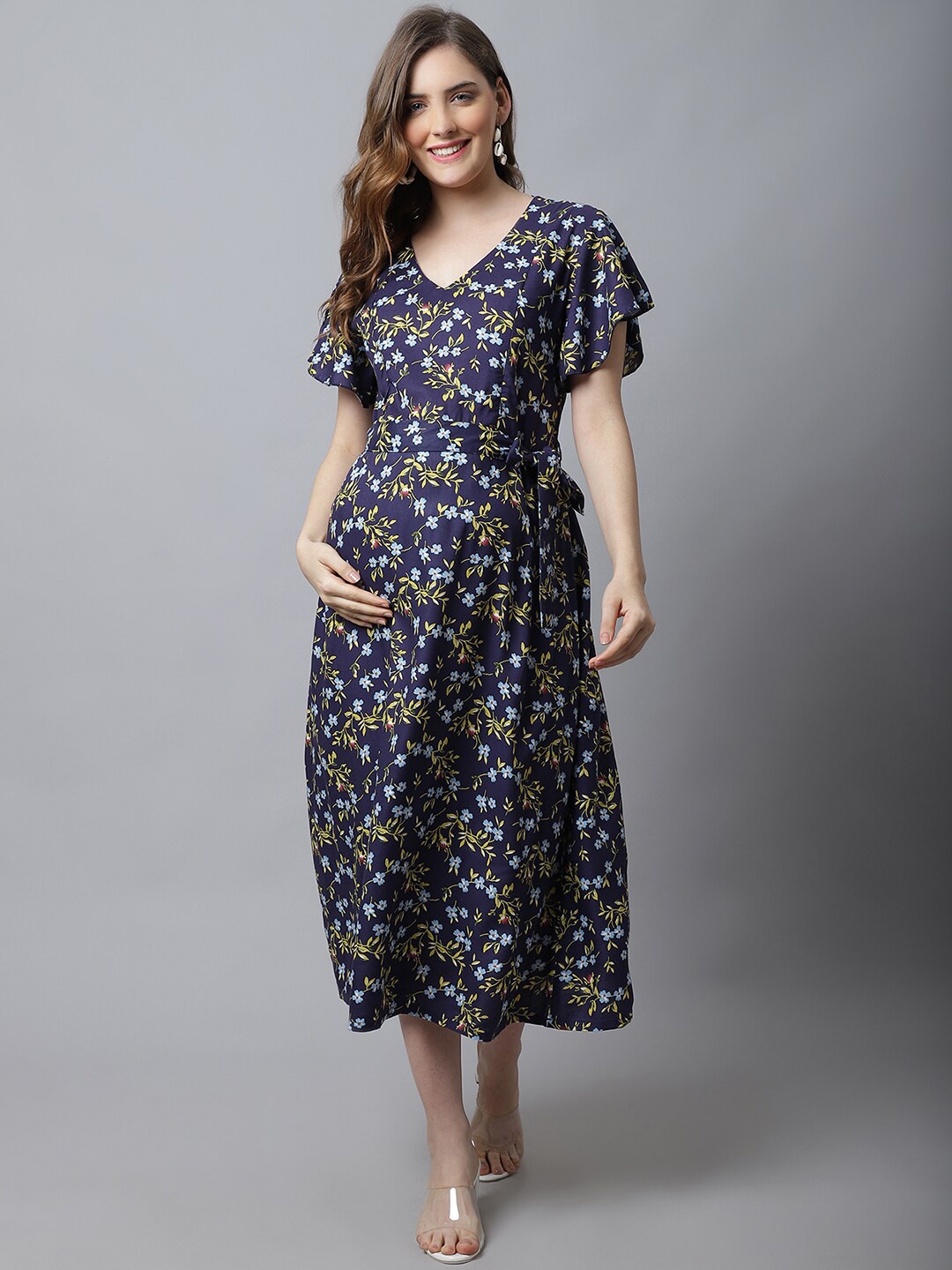 

Frempy Navy Blue Floral Maternity A-Line Midi Dress