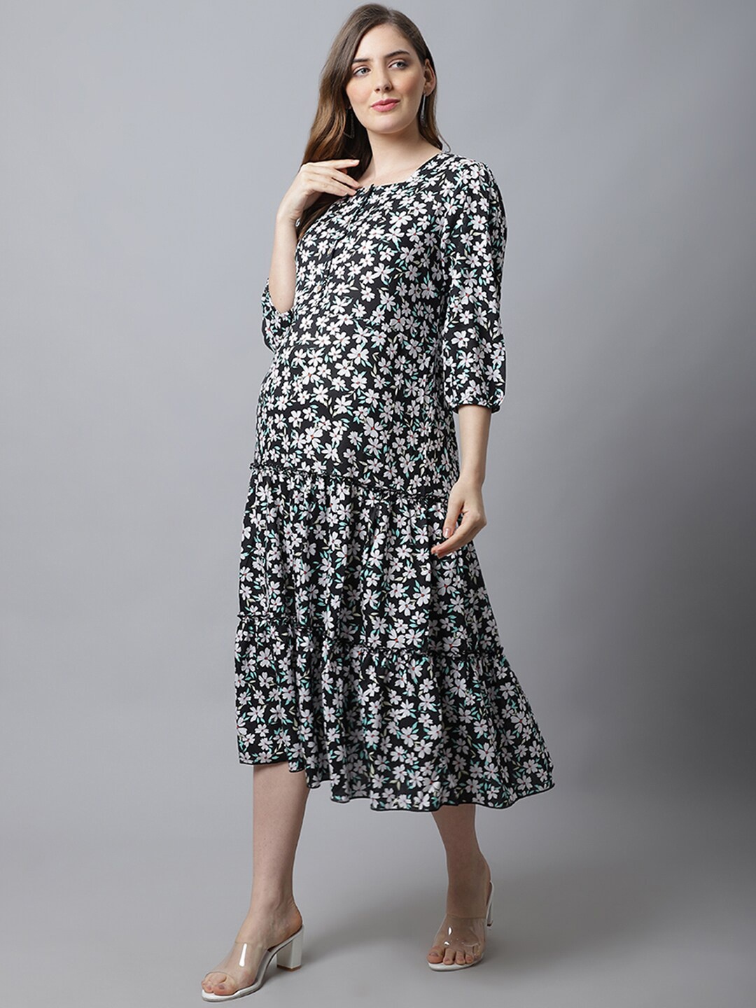 

Frempy Women Black & White Floral Maternity Midi Dress