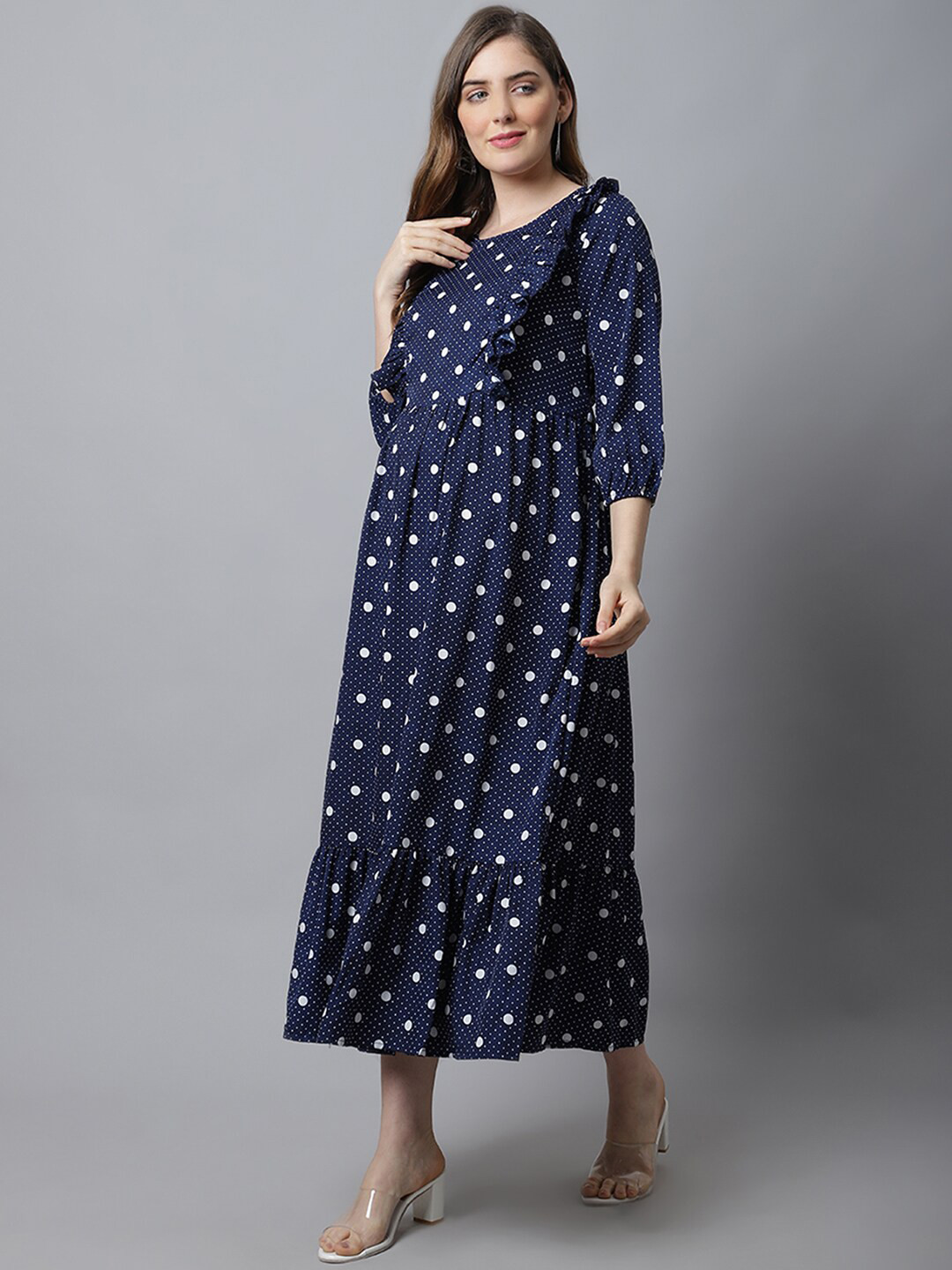 

Frempy Women Navy Blue Crepe Polka Dot Printed Maternity Midi Dress