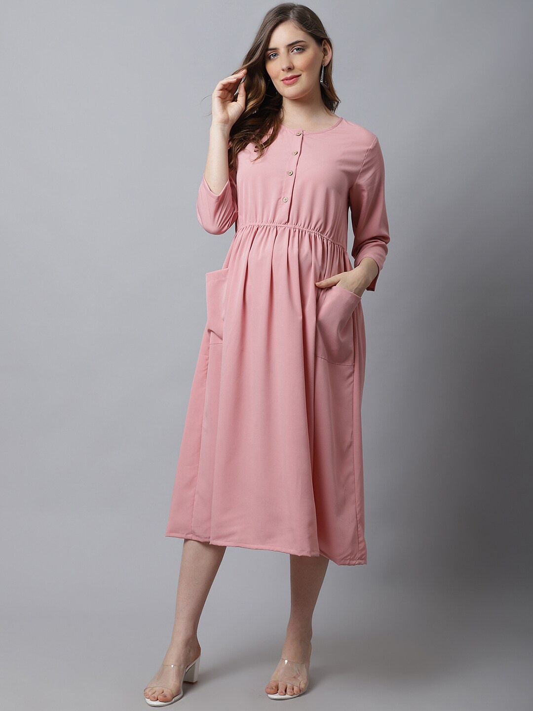 

Frempy Women Pink Solid Maternity A-Line Dress