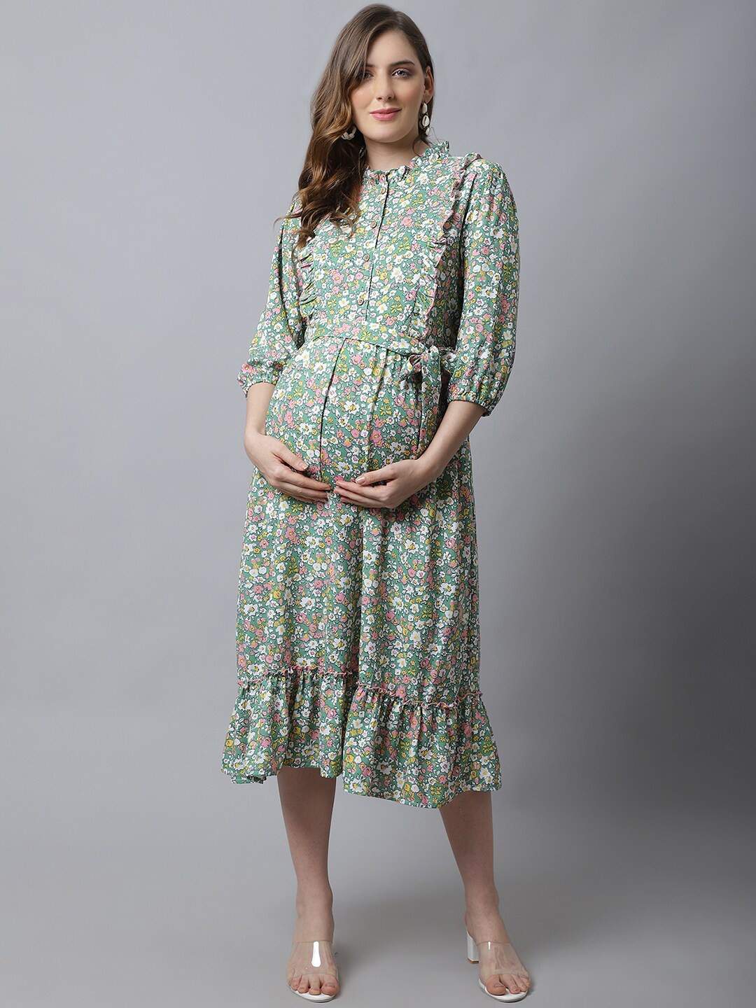 

Frempy Sea Green Floral Maternity A-Line Midi Dress