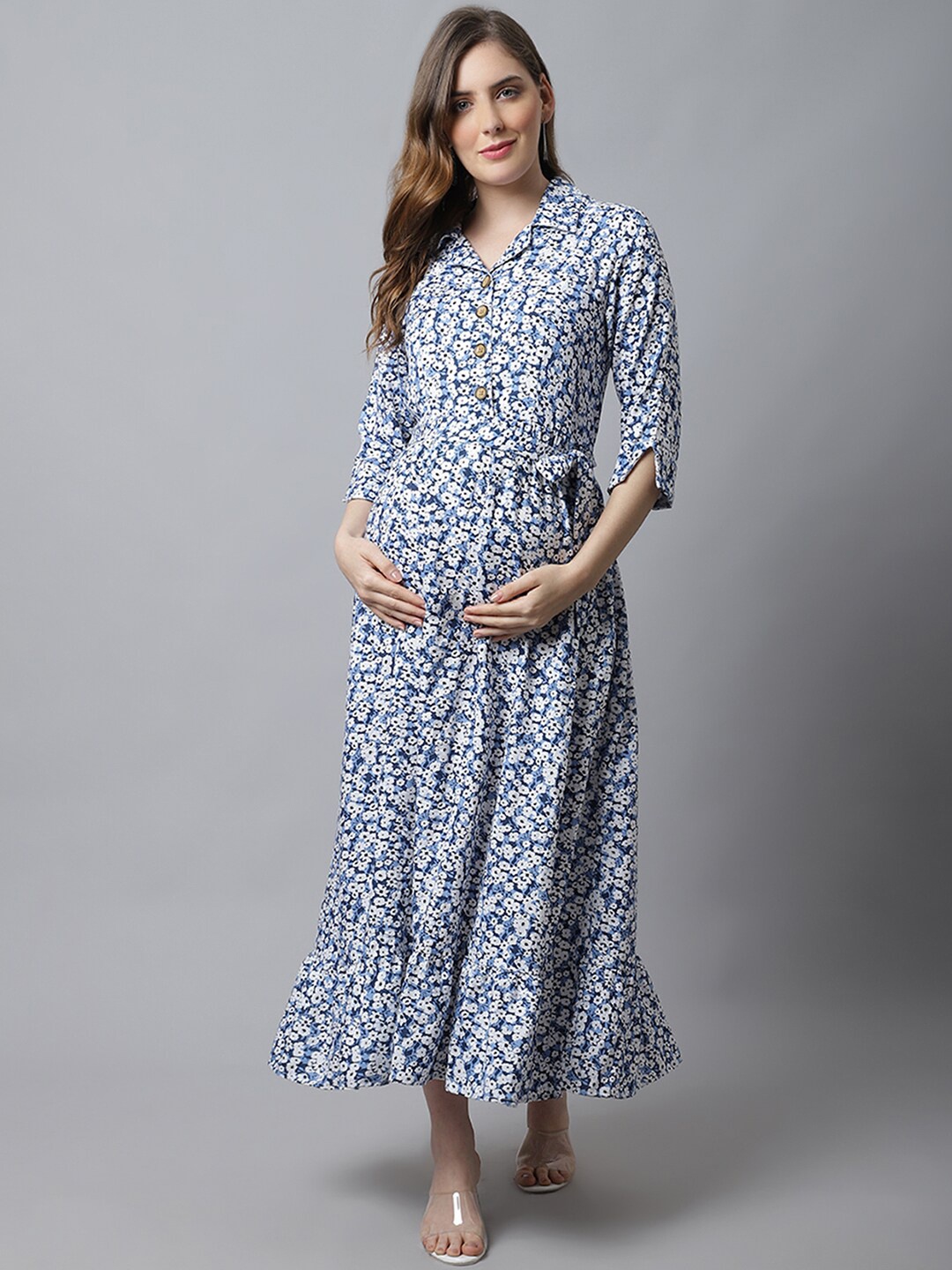 

Frempy Maternity Women Blue & White Floral Maxi Dress