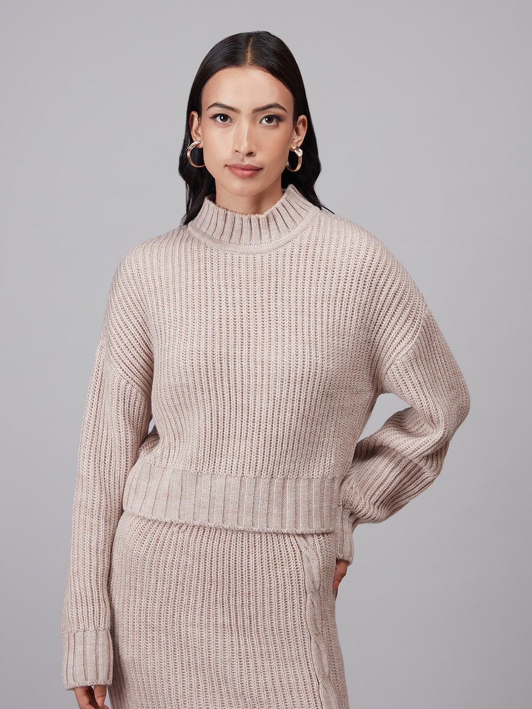 

20Dresses Women Beige Self Design Turtle Neck Boxy Short Pullover Sweater