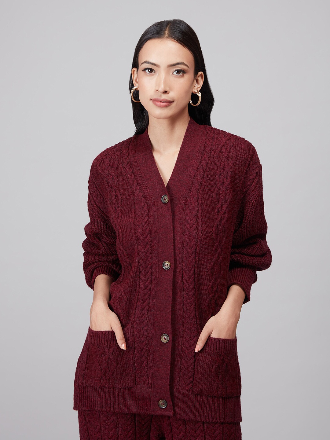 

20Dresses Women Maroon Cable Knit Cardigan Sweater