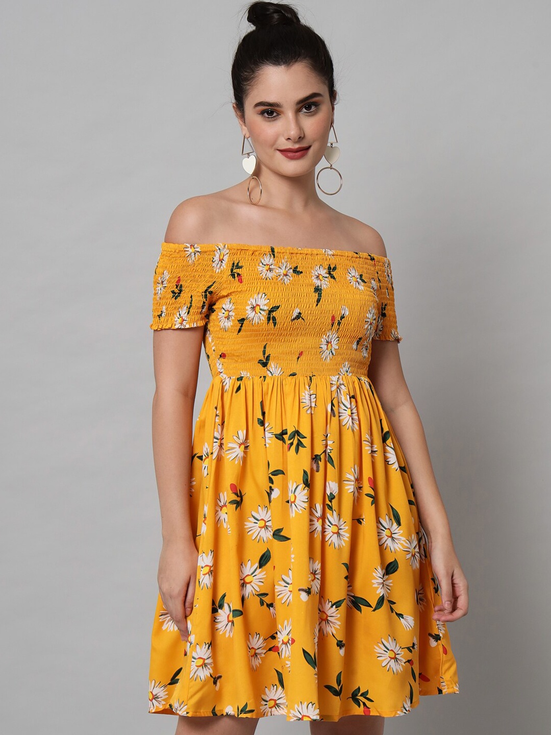 

emeros Yellow Floral Off-Shoulder Crepe Dress