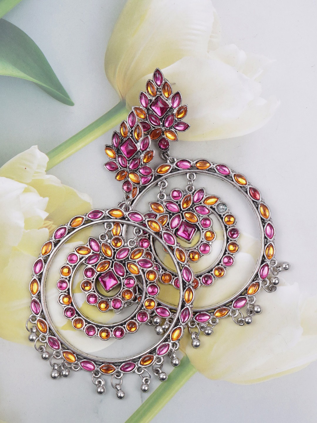 

Krelin Silver-Toned & Pink Classic Chandbalis Earrings