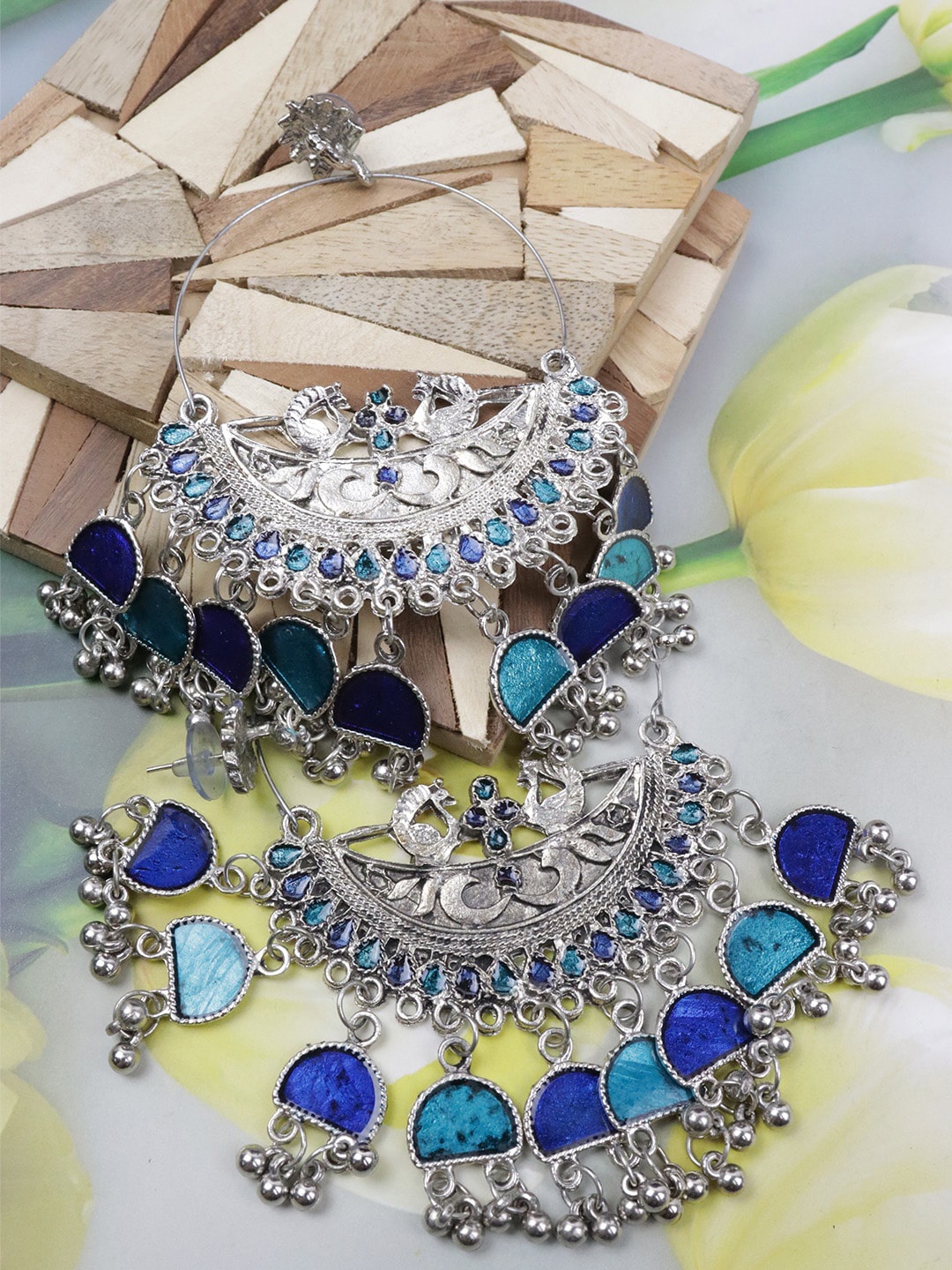

Krelin Blue & Silver-Toned Classic Chandbalis Earrings