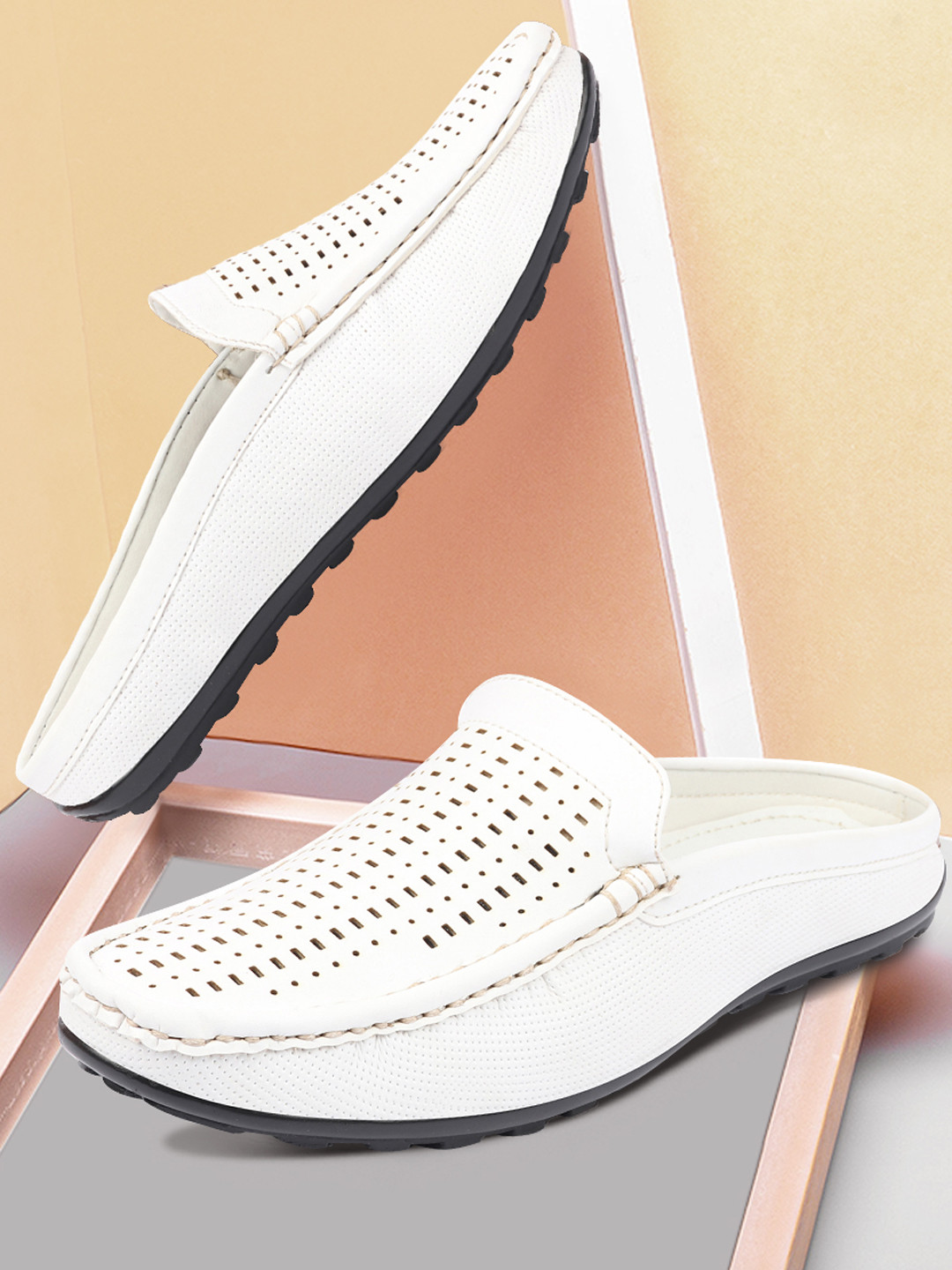 

FAUSTO Men White Perforations Lightweight Mules