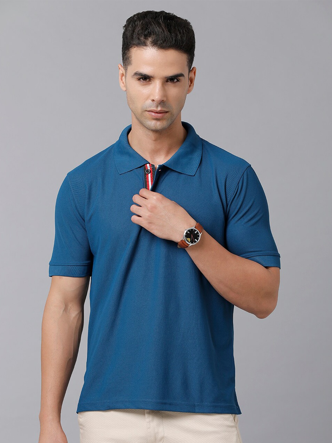 

MADSTO Men Blue Polo Collar Slim Fit T-shirt