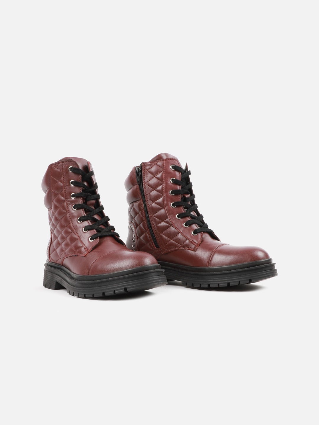 

Carlton London Women Burgundy Textured Lace-Up High Ankle Leather Boots