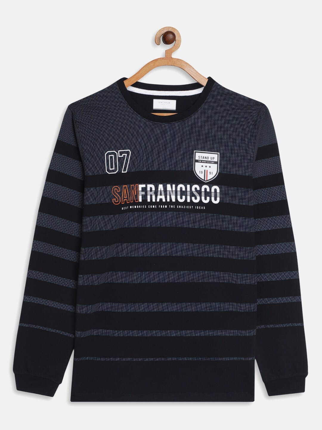 

Octave Boys Grey & Black Striped Printed T-shirt