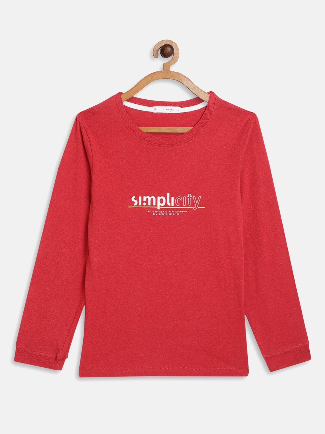 

Octave Boys Red Solid Typography Applique Long Sleeve T-shirt