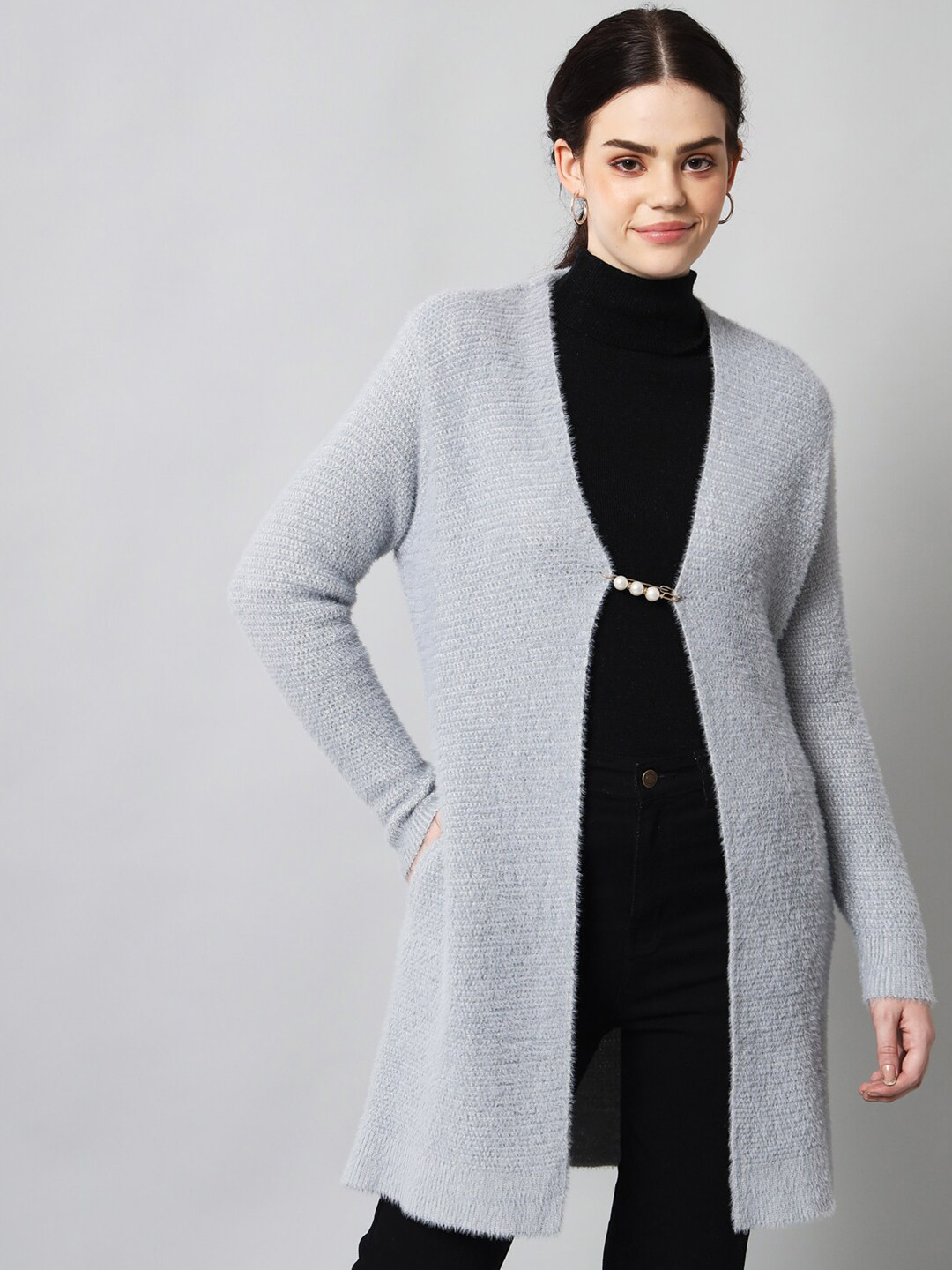 

BROOWL Women Grey Woolen Fuzzy Longline Button Shrug