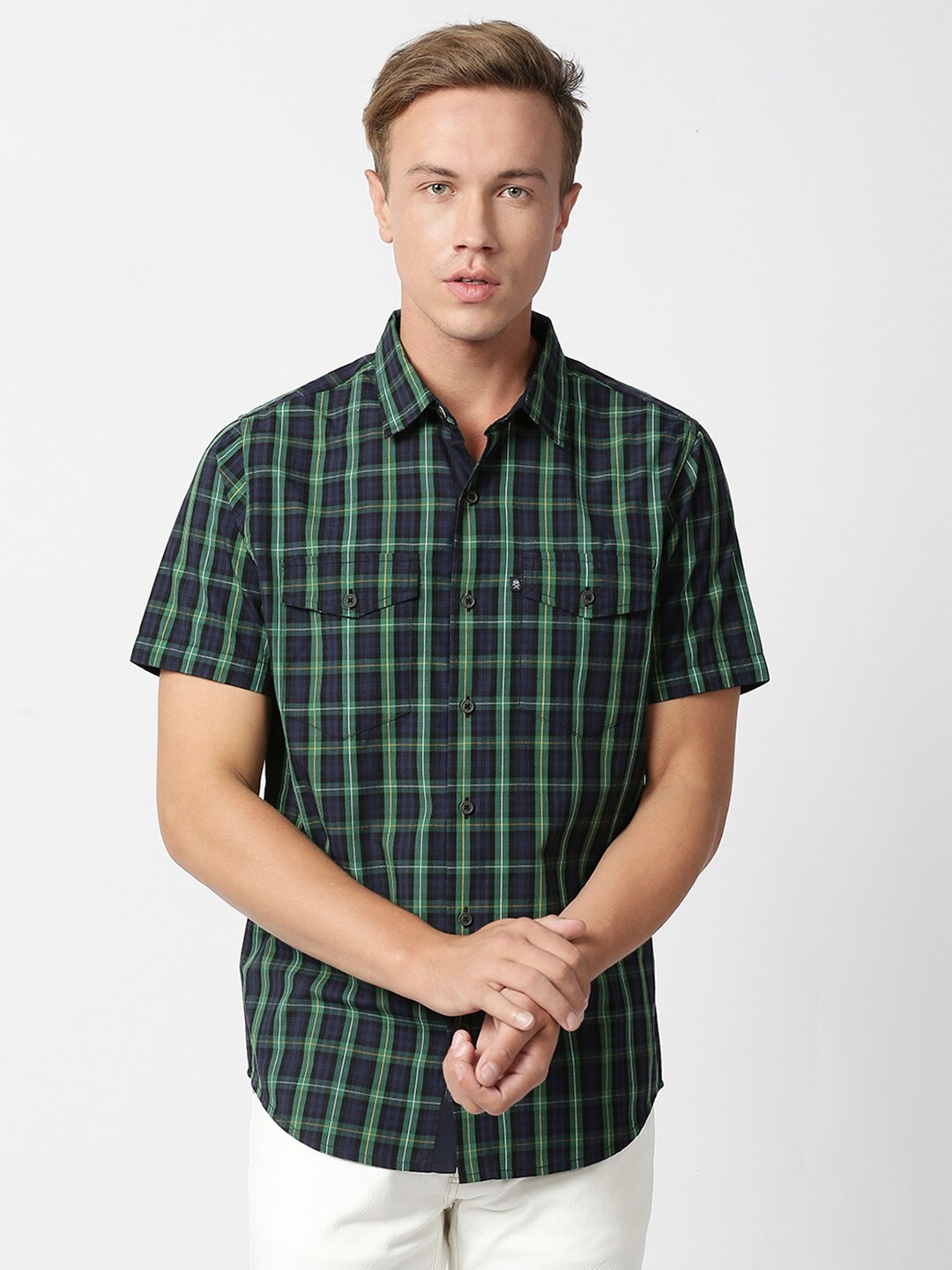 

Thomas Scott Men Green Tartan Checks Cotton Casual Shirt