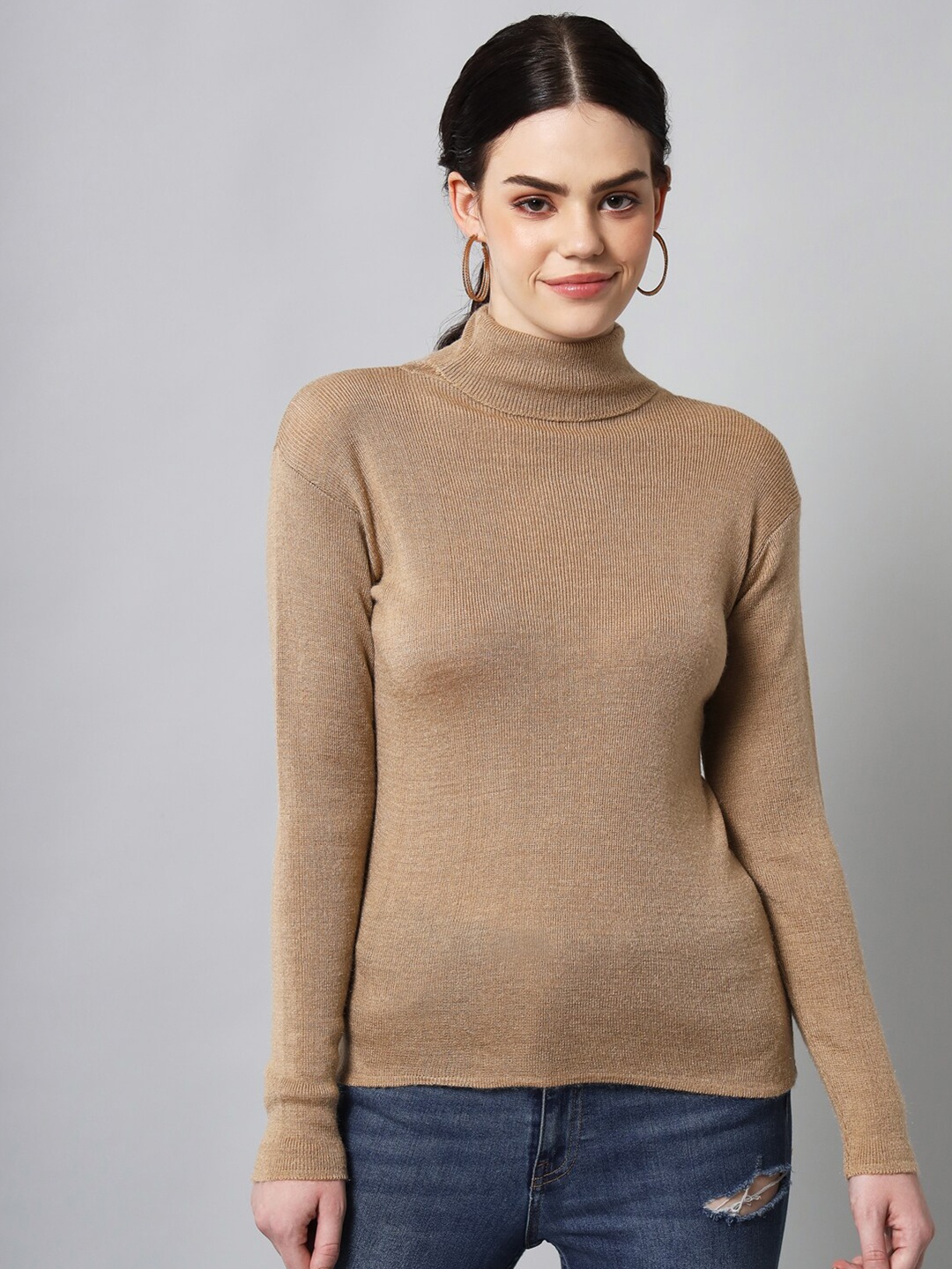 

BROOWL Women Camel Brown Turtle Neck Pullover