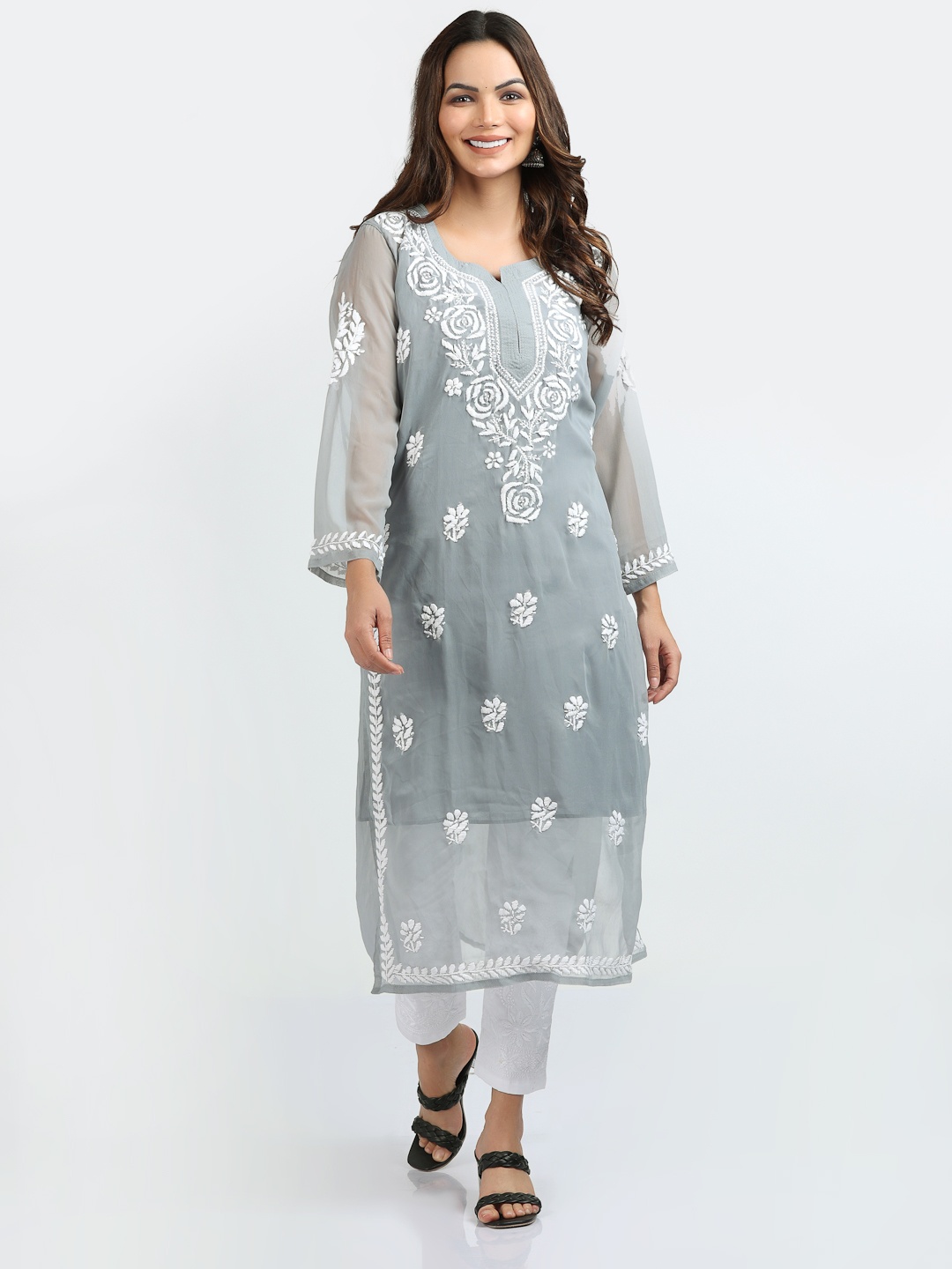 

FAWOMENT Women Grey Floral Embroidered Chikankari Handloom Georgette Kurta