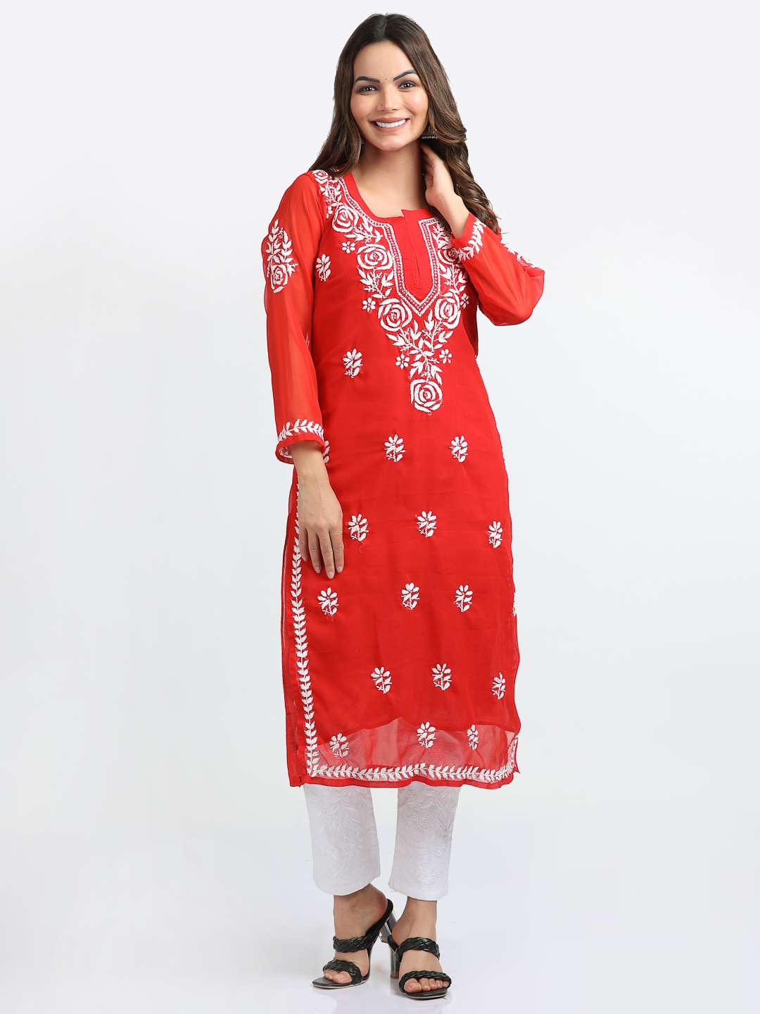 

FAWOMENT Women Red Ethnic Motifs Embroidered Chikankari Georgette Kurta