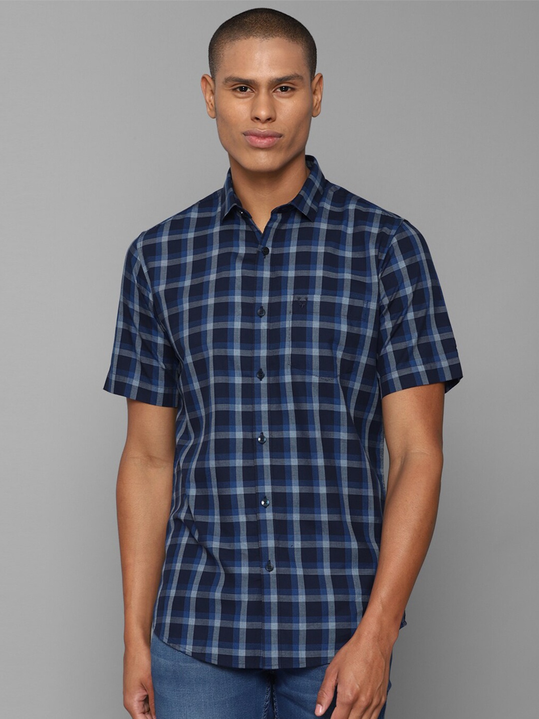 

Allen Solly Men Navy Blue Slim Fit Checked Pure Cotton Casual Shirt