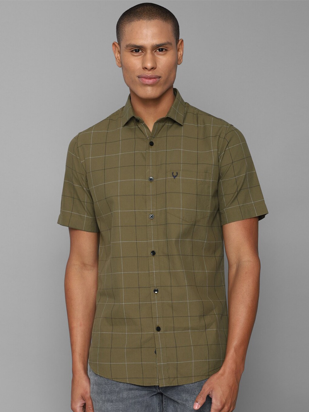 

Allen Solly Men Olive Green Slim Fit Windowpane Checks Checked Cotton Casual Shirt