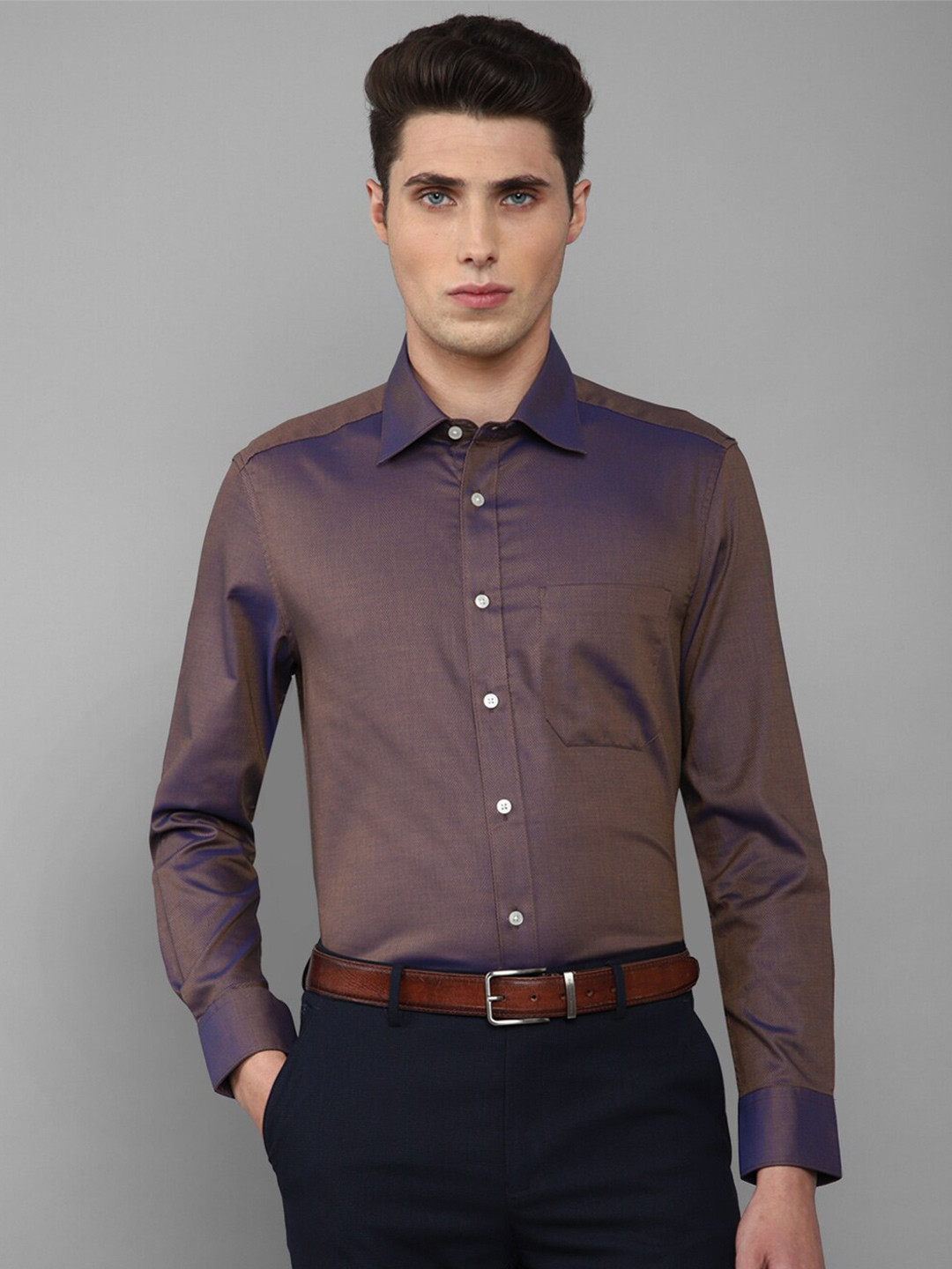 

Louis Philippe Men Purple & Brown Self Design Pure Cotton Slim Fit Formal Shirt
