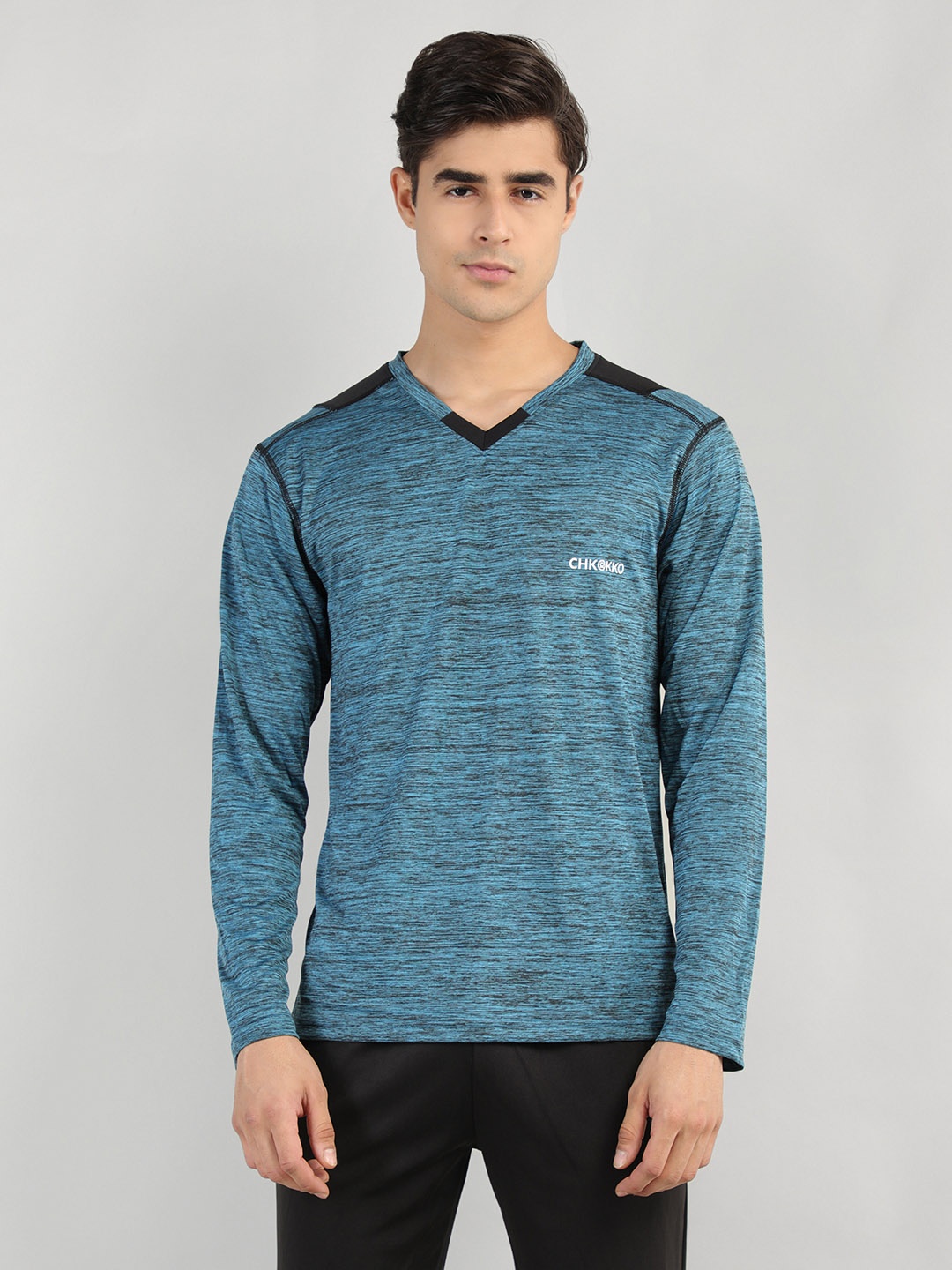 

CHKOKKO Men Sea Green Gym Dry Fit V-Neck T-shirt