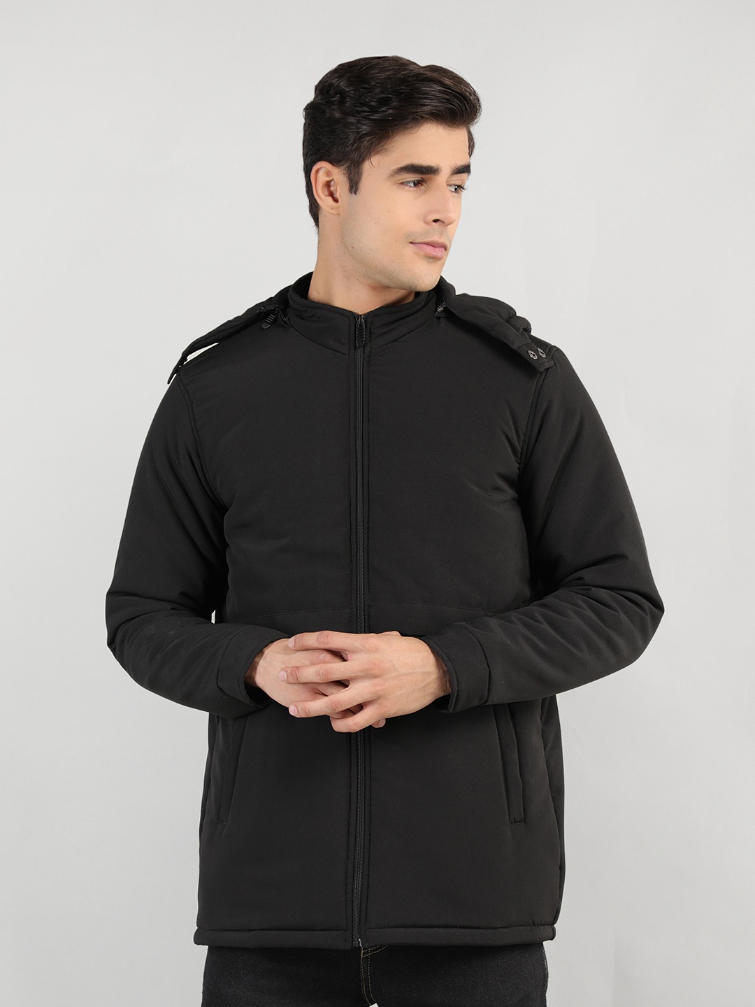 

CHKOKKO Men Black Longline Padded Jacket