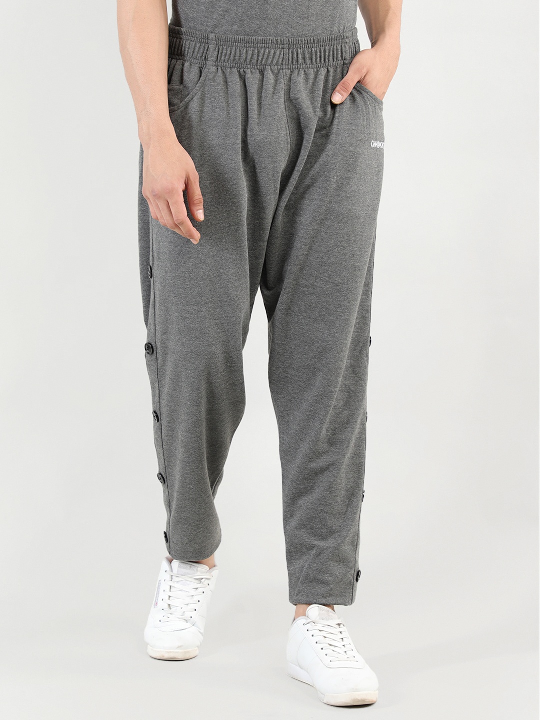 

CHKOKKO Men Grey Solid Cotton Track Pants