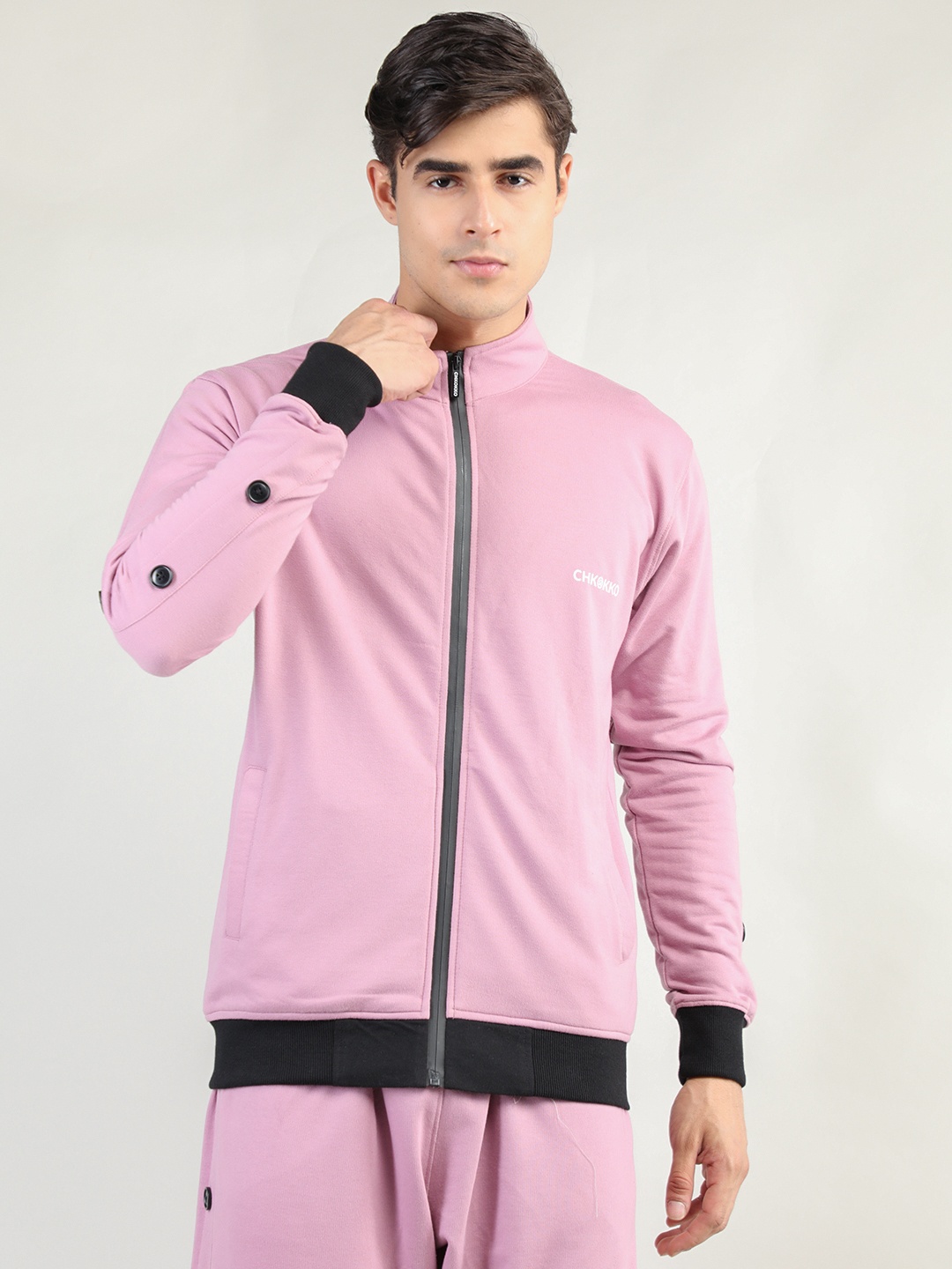 

CHKOKKO Men Pink & Black Outdoor Cotton Bomber Jacket