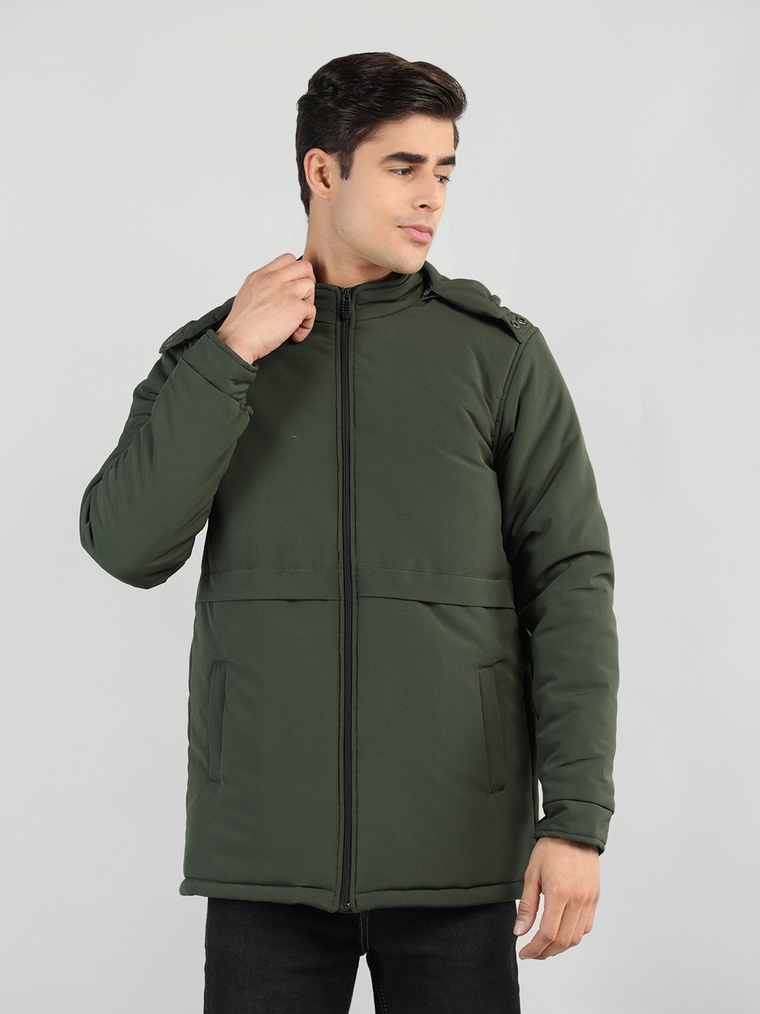 

CHKOKKO Men Olive Green Longline Outdoor Padded Jacket