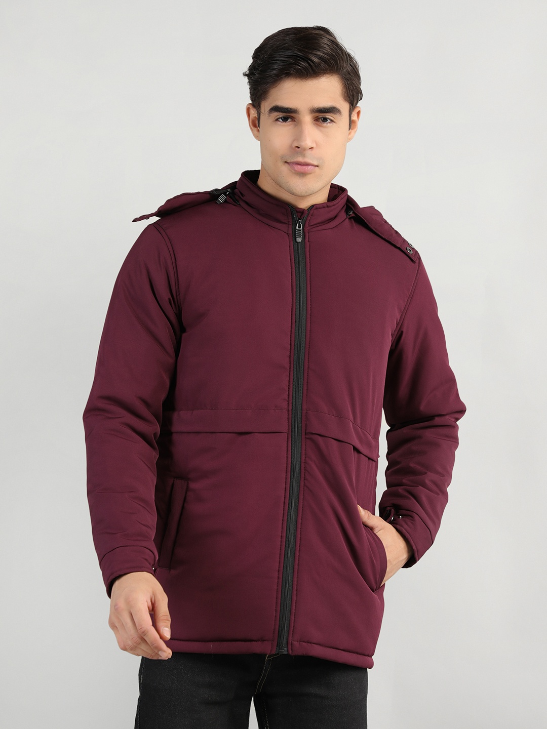 

CHKOKKO Men Maroon Longline Outdoor Puffer Jacket