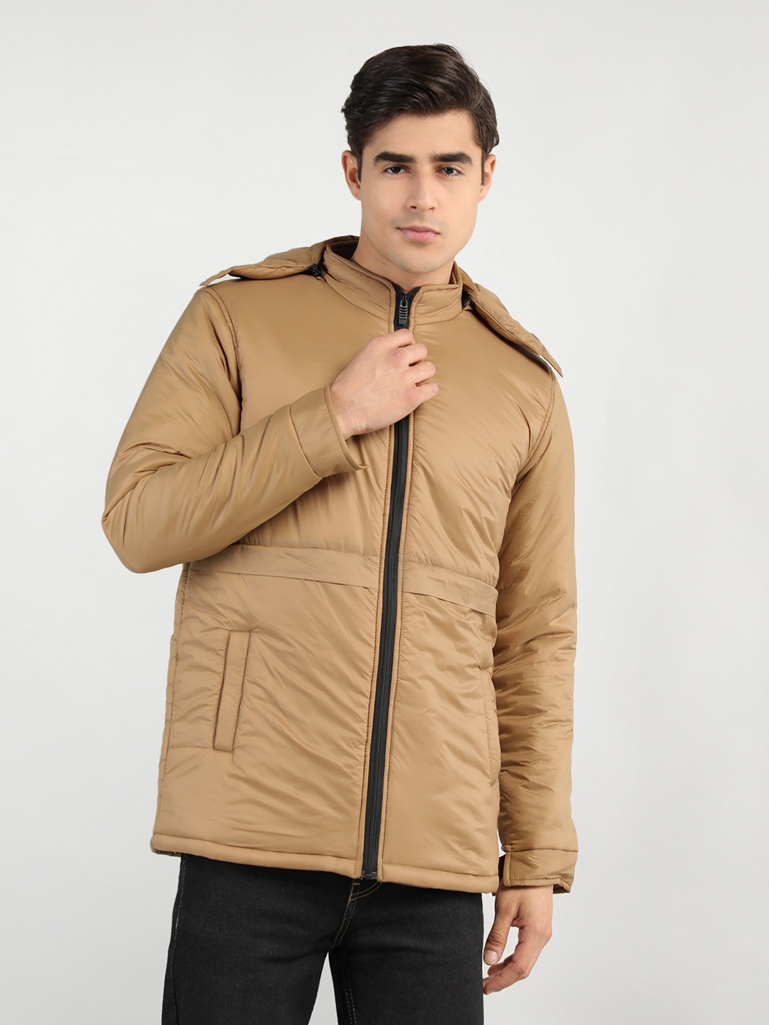 

CHKOKKO Men Camel Brown Longline Outdoor Padded Jacket