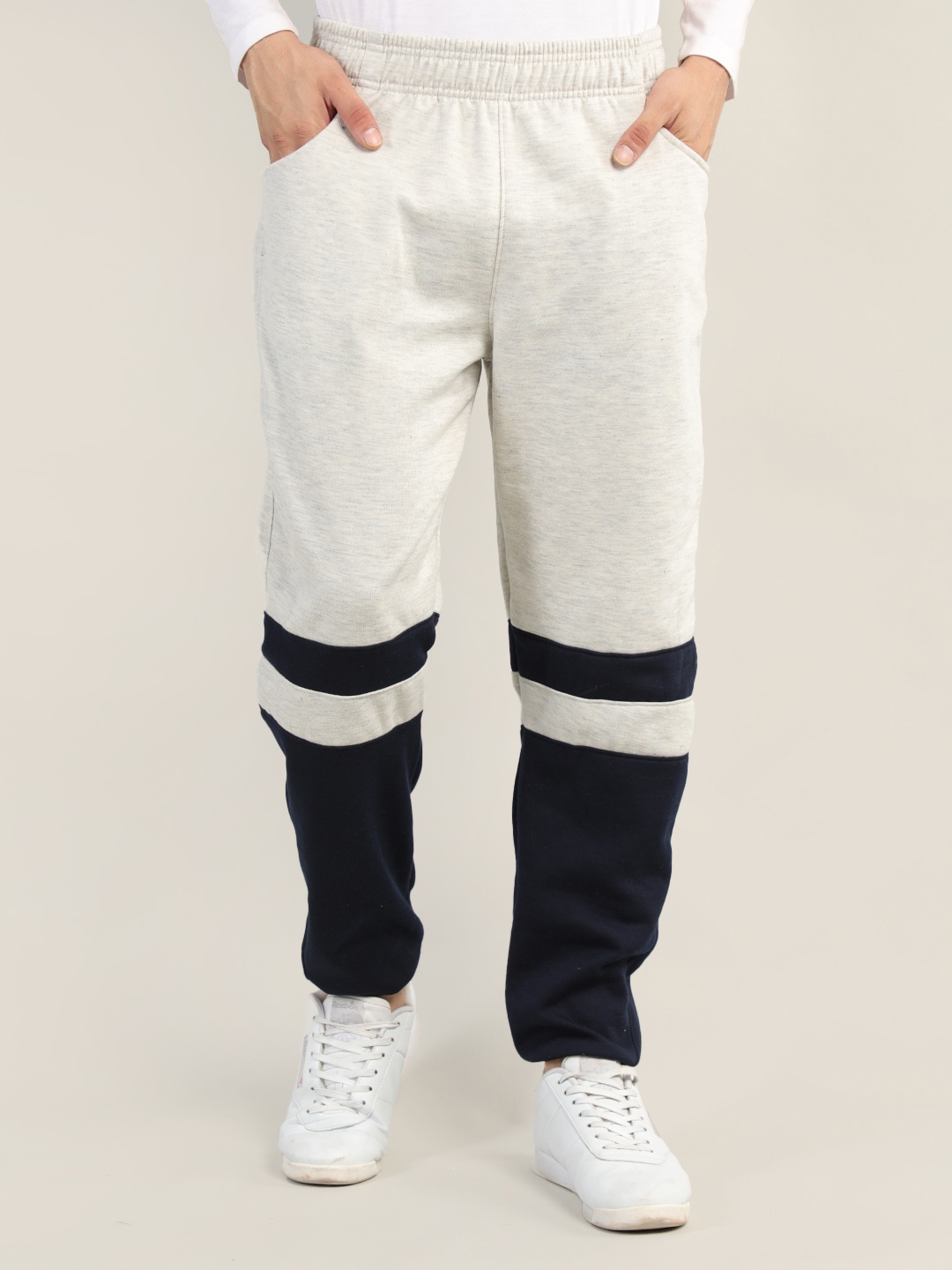 

CHKOKKO Men Navy Blue & Grey Colorblocked Casual Track Pant