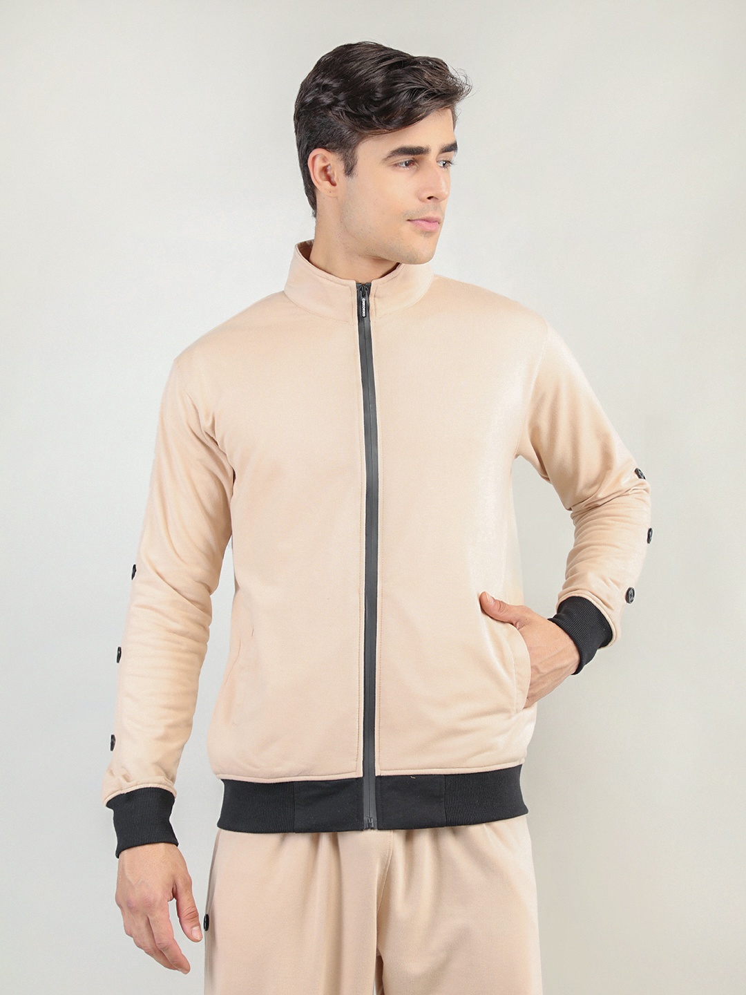 

CHKOKKO Men Beige Outdoor Bomber Jacket