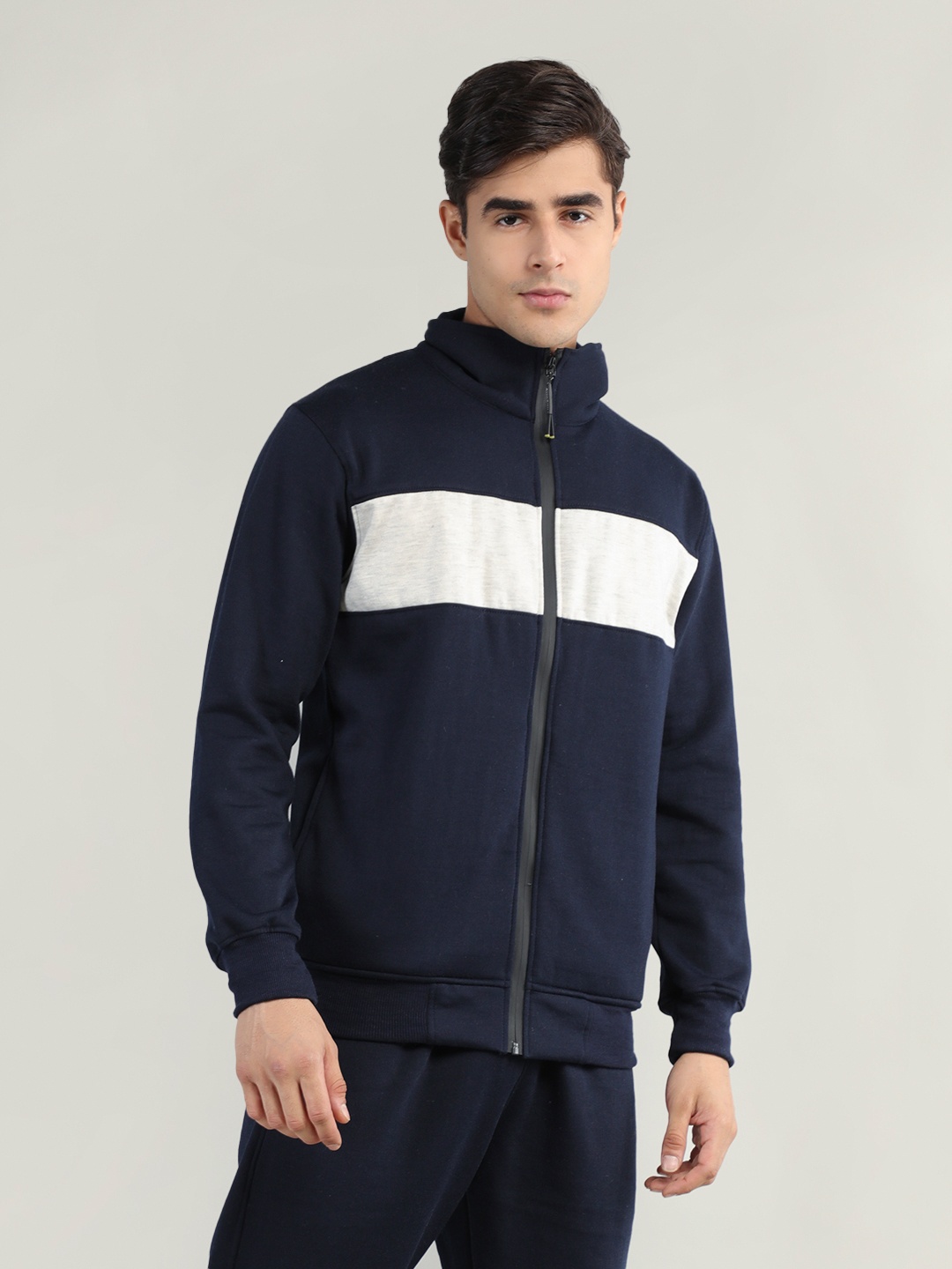 

CHKOKKO Men Navy Blue White Colourblocked Fleece Bomber Jacket