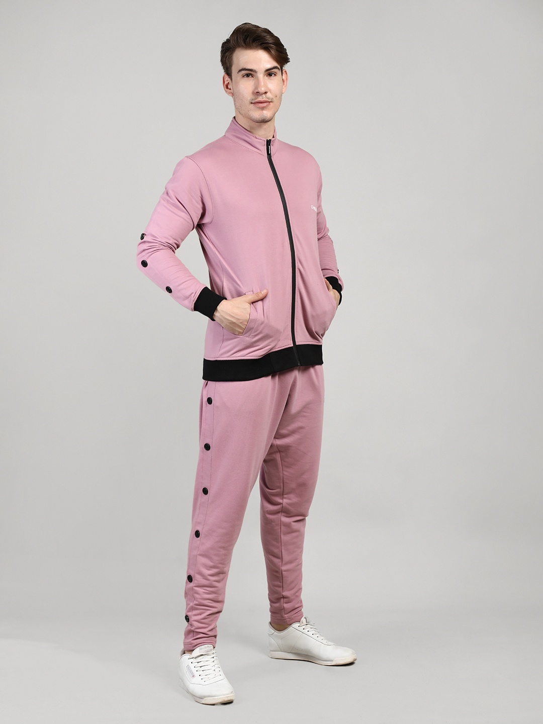 

CHKOKKO Men Pink Solid Casual Tracksuit